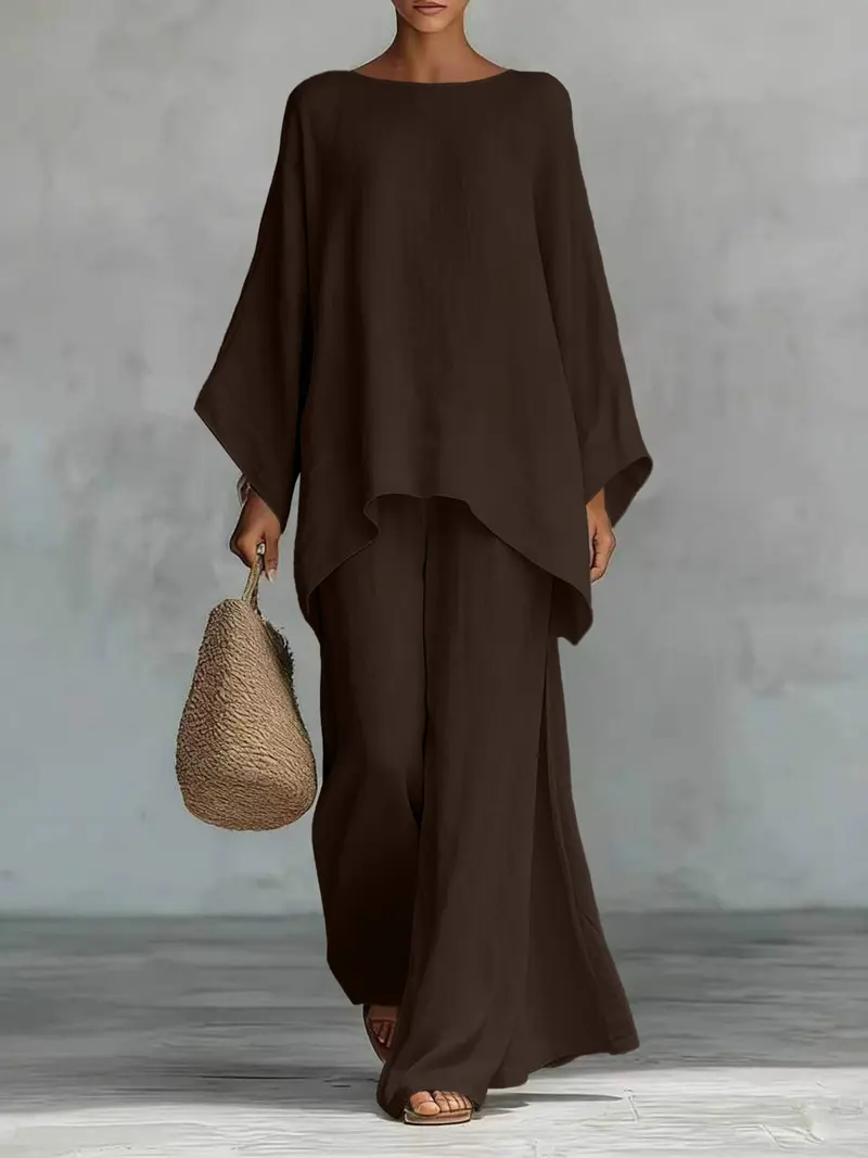 Women's Casual Linen Blend Two-Piece Lounge Set – Oversized Batwing Top & Wide Leg Pants