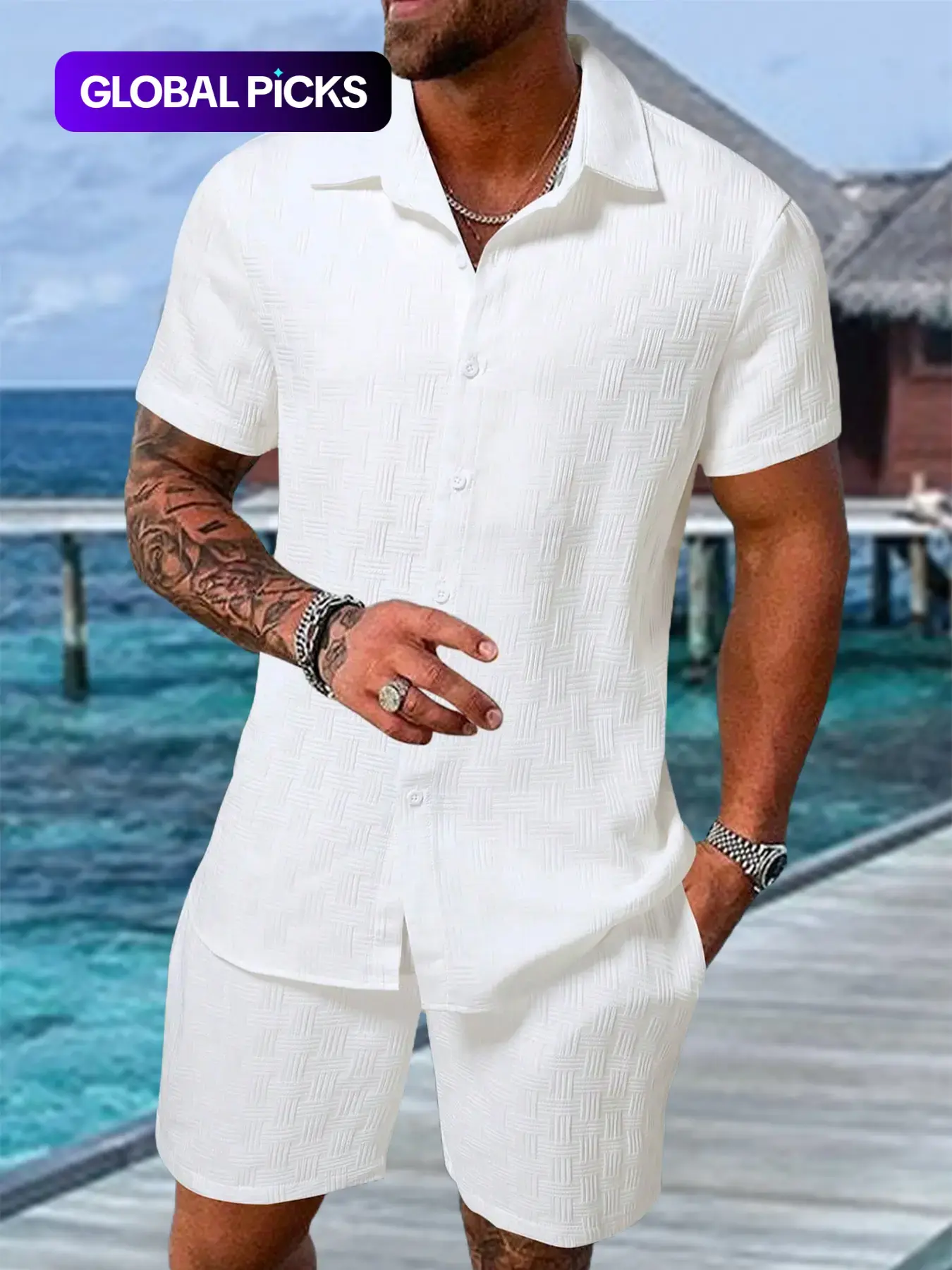 Men’s Breathable Textured Shirt & Shorts Set – 2 Piece Summer Outfit
