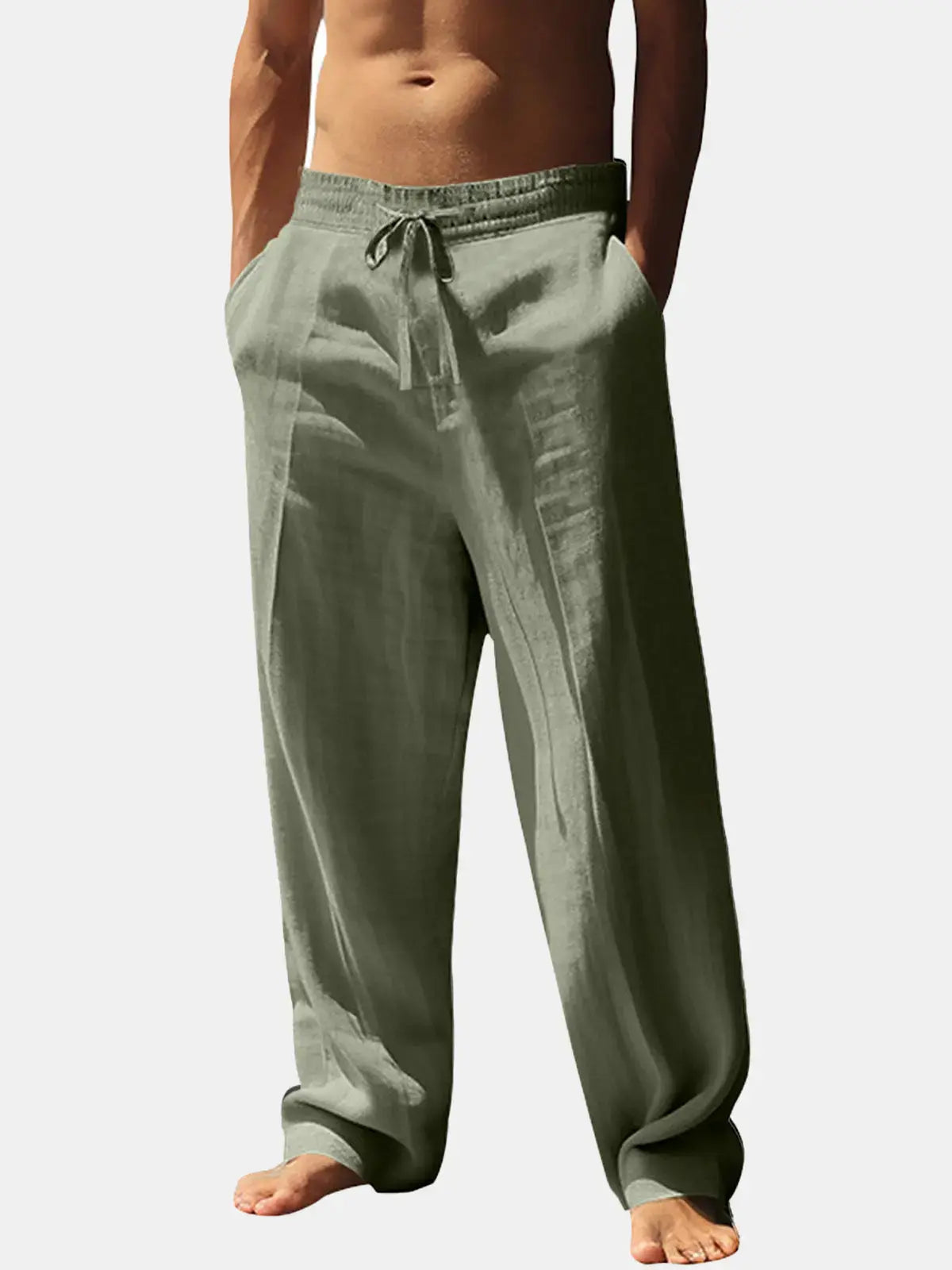 Men's Lightweight Linen Blend Drawstring Pants – Casual Loose Fit Breathable Beach Trousers with Pockets