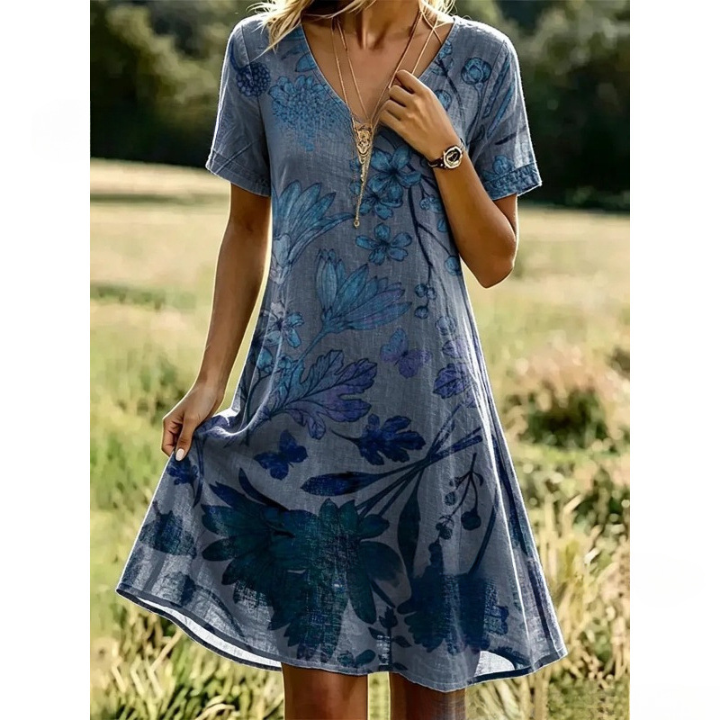 Women’s Boho Floral Print V-Neck Summer Dress – Lightweight Vacation Beach Midi Dress