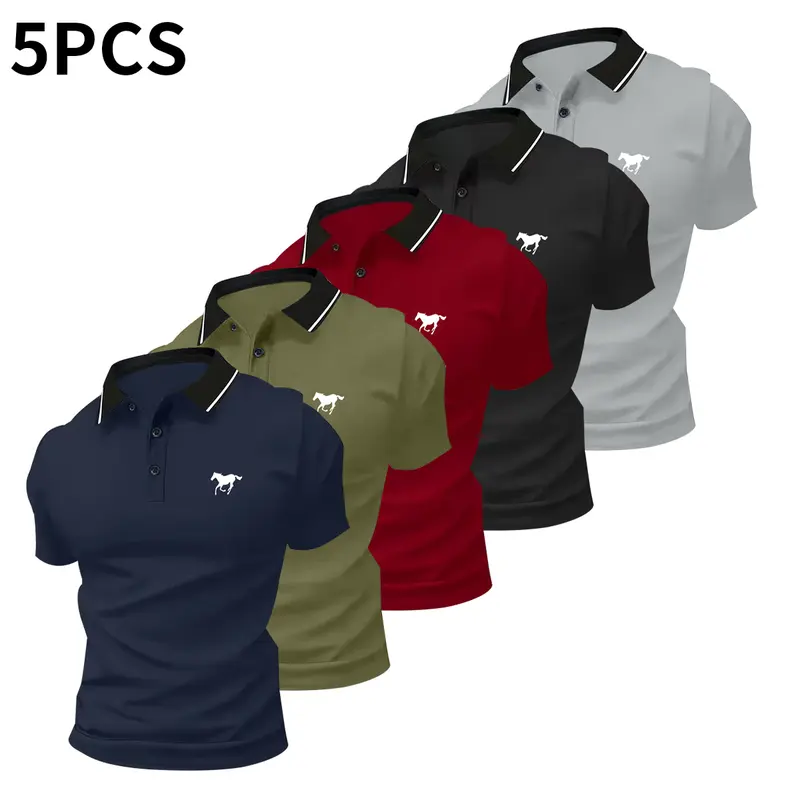 5-Pack Men's Premium Polo Shirts – Classic Short Sleeve Casual Golf & Business Polo Set | Breathable Cotton Blend