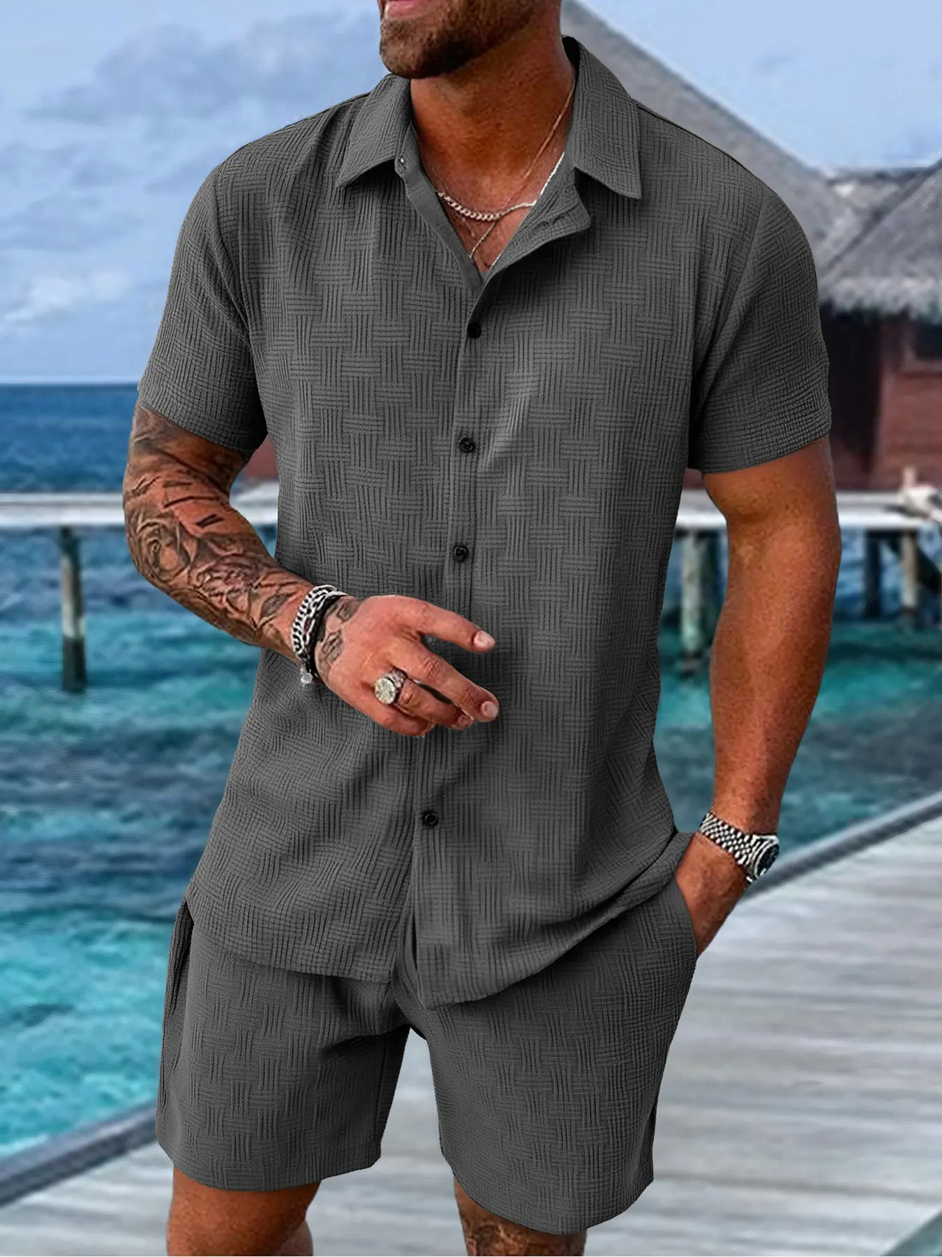 Men’s Breathable Textured Shirt & Shorts Set – 2 Piece Summer Outfit