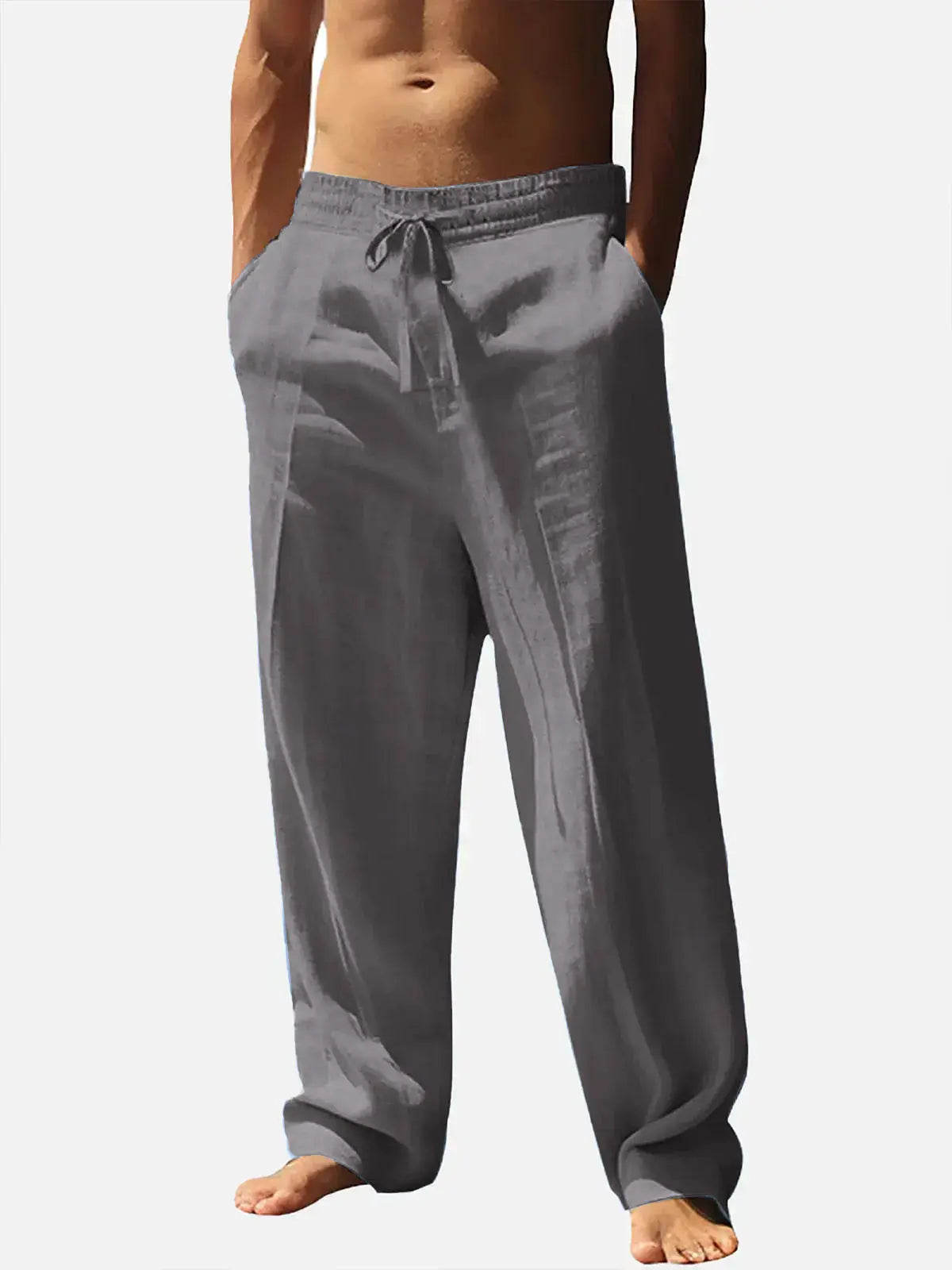 Men's Lightweight Linen Blend Drawstring Pants – Casual Loose Fit Breathable Beach Trousers with Pockets