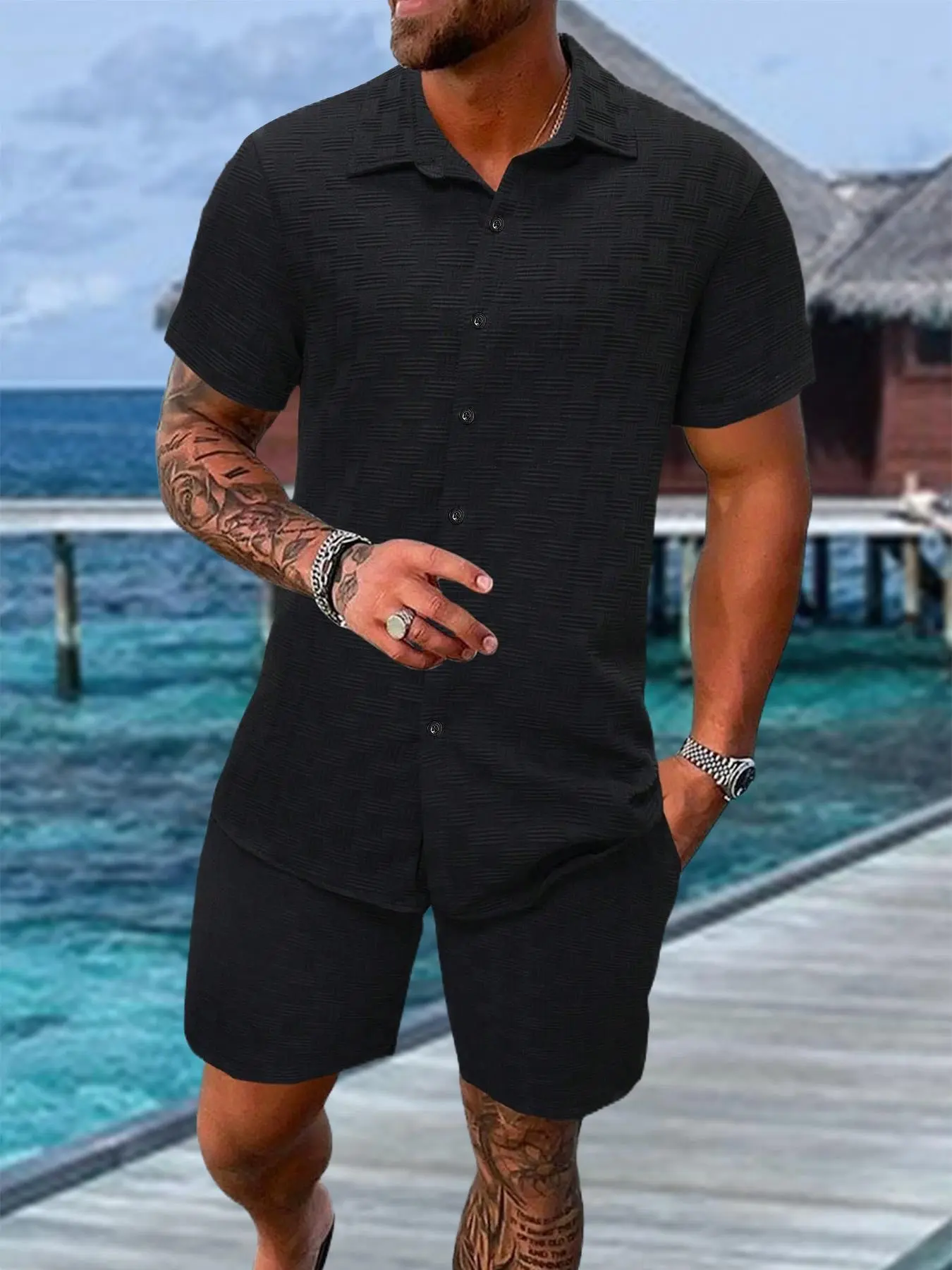 Men’s Breathable Textured Shirt & Shorts Set – 2 Piece Summer Outfit