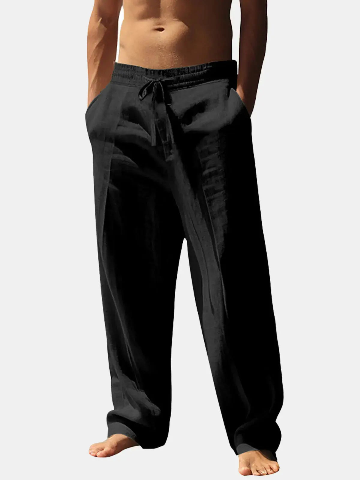 Men's Lightweight Linen Blend Drawstring Pants – Casual Loose Fit Breathable Beach Trousers with Pockets