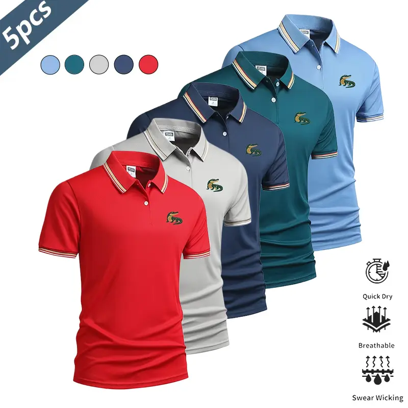 Men’s 5-pack alligator print polo shirts—lightweight, quick-drying, breathable summer short-sleeve collared T-shirts for business casual wear. Suitable for commuting, everyday wear, and light business outfits; pairs well with dress pants and casual trouse