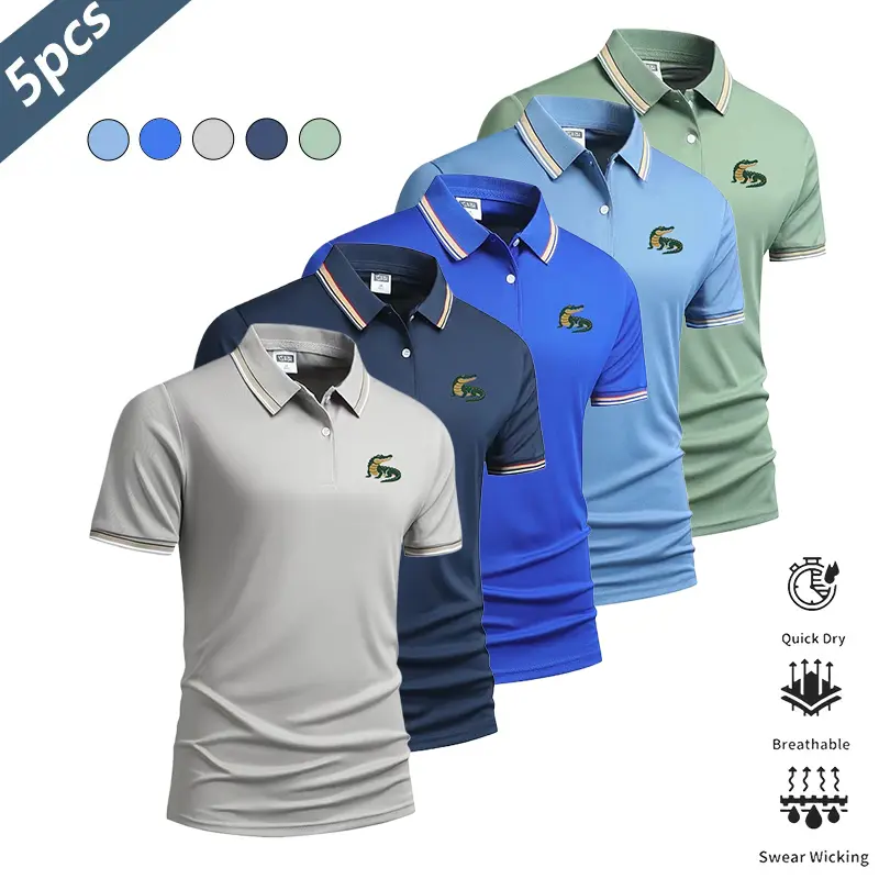 Men’s 5-pack alligator print polo shirts—lightweight, quick-drying, breathable summer short-sleeve collared T-shirts for business casual wear. Suitable for commuting, everyday wear, and light business outfits; pairs well with dress pants and casual trouse