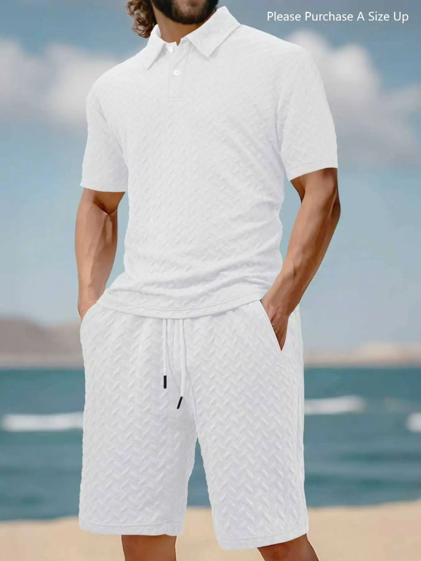 Men's Solid Polo Shirt & Drawstring Waist Shorts Set, Cozy Breathable Two-piece Outfits for Daily Outdoor Wear, Men Clothes for Summer.