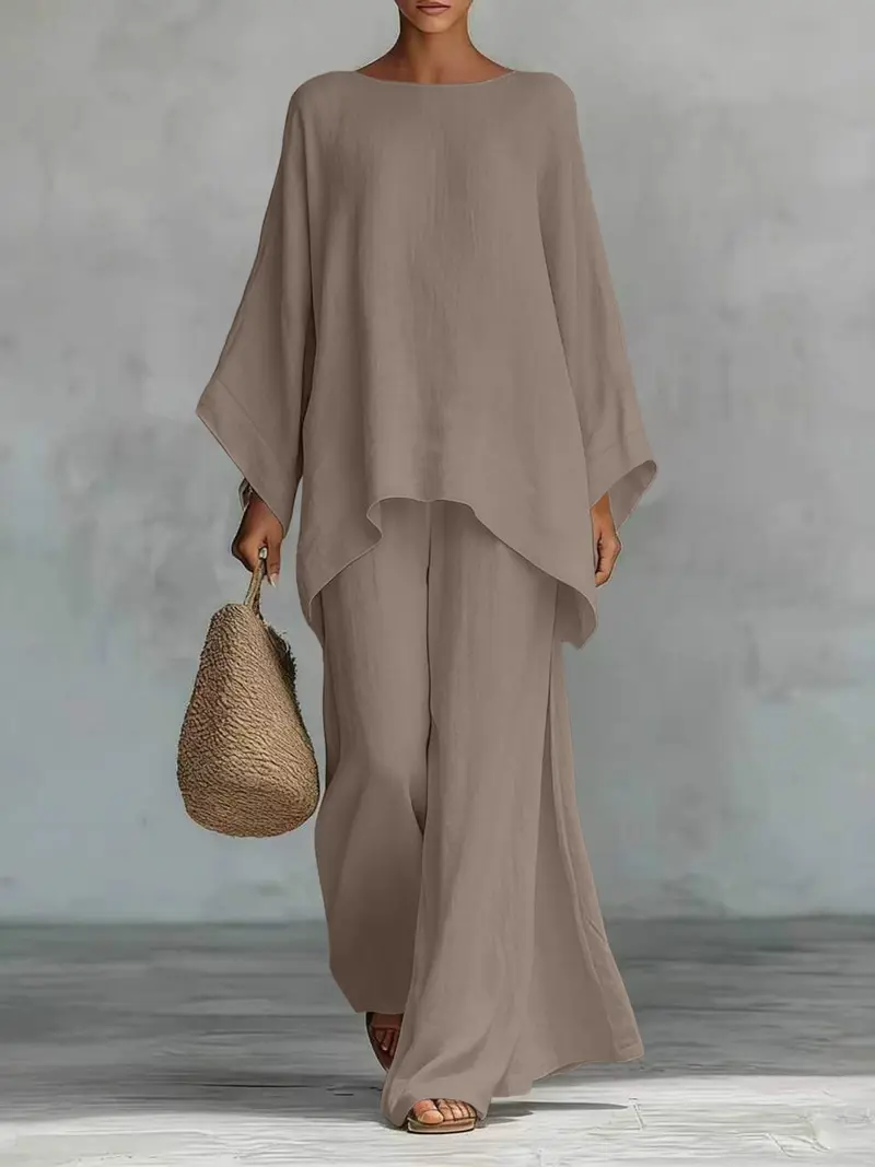 Women's Casual Linen Blend Two-Piece Lounge Set – Oversized Batwing Top & Wide Leg Pants