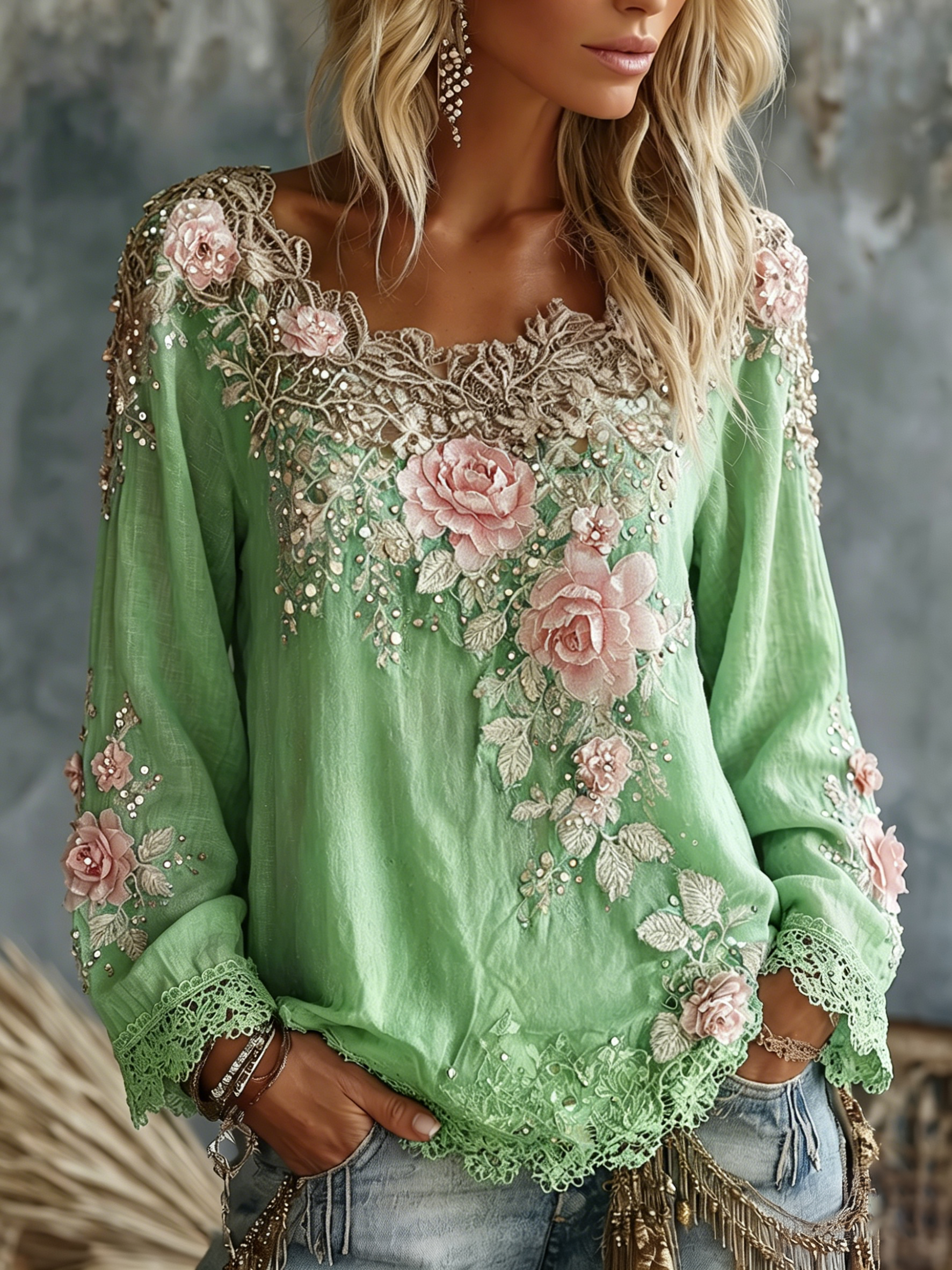 Women's Vintage Rose Floral Art Crew Neck Long Sleeve Linen T-shirt