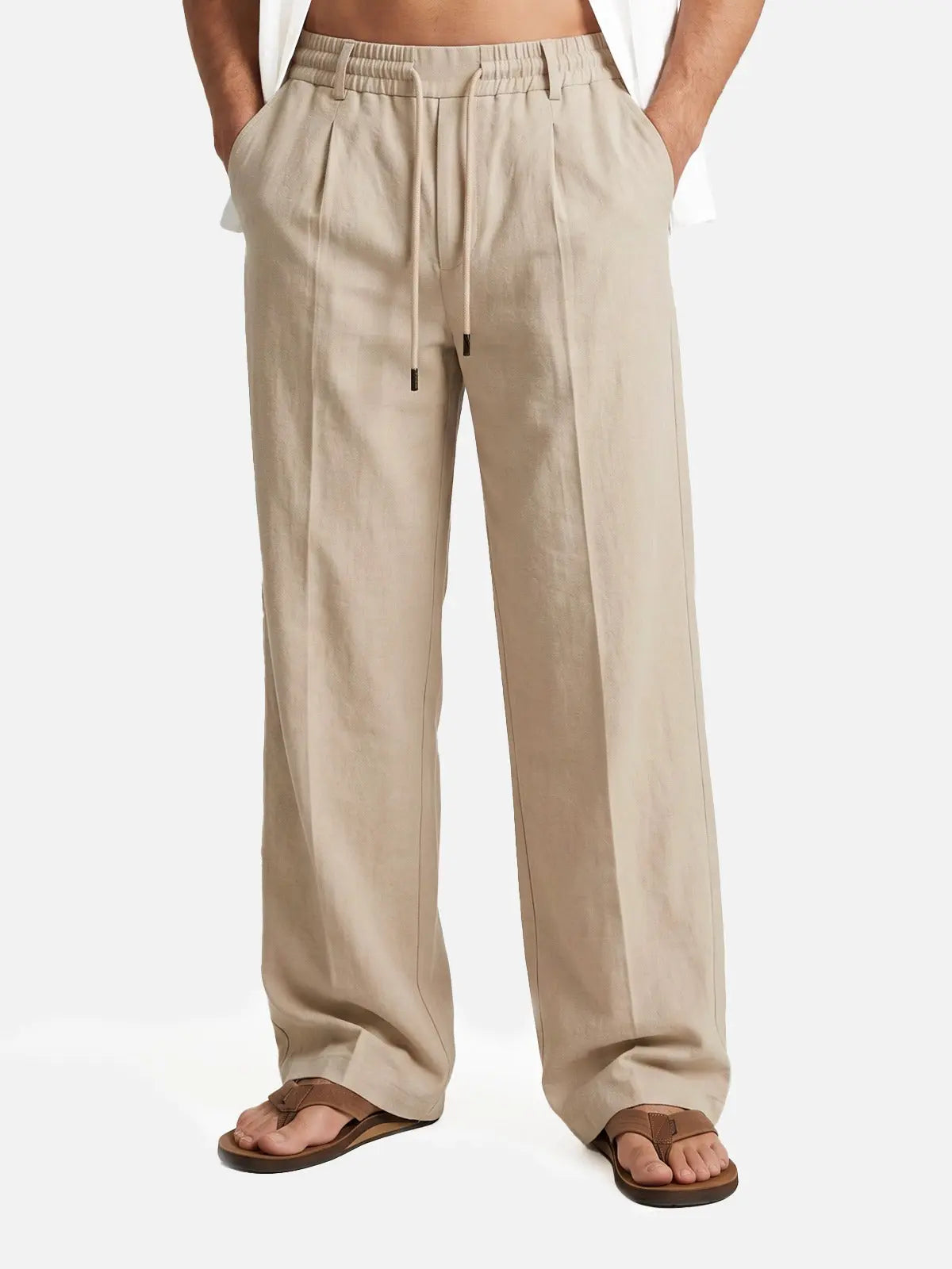 Men's Lightweight Linen Blend Drawstring Pants – Casual Loose Fit Breathable Beach Trousers with Pockets