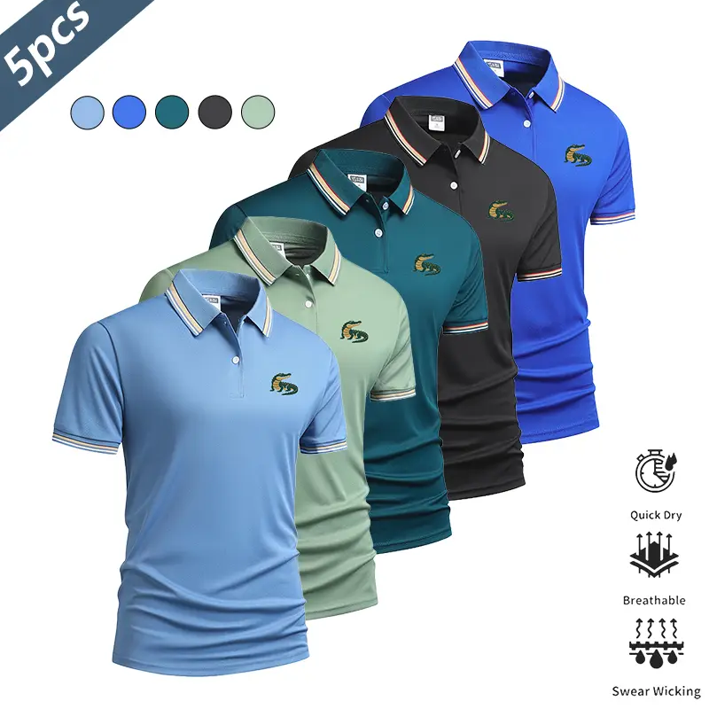 Men’s 5-pack alligator print polo shirts—lightweight, quick-drying, breathable summer short-sleeve collared T-shirts for business casual wear. Suitable for commuting, everyday wear, and light business outfits; pairs well with dress pants and casual trouse