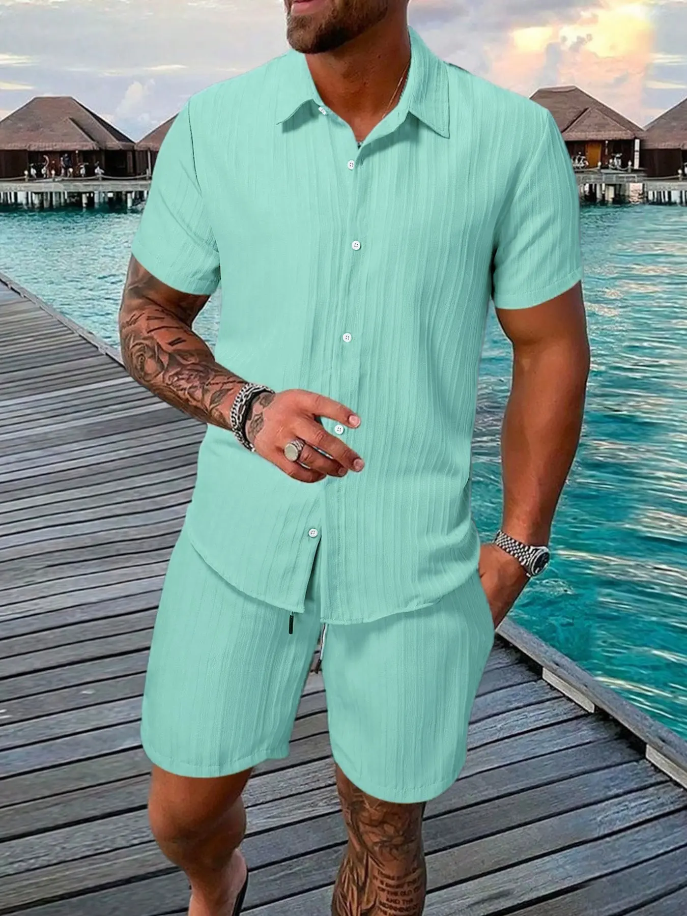 Men's 2 Piece Summer Outfit Set – Textured Button Down Shirt & Drawstring Shorts | Lightweight Vacation Beach Matching Set