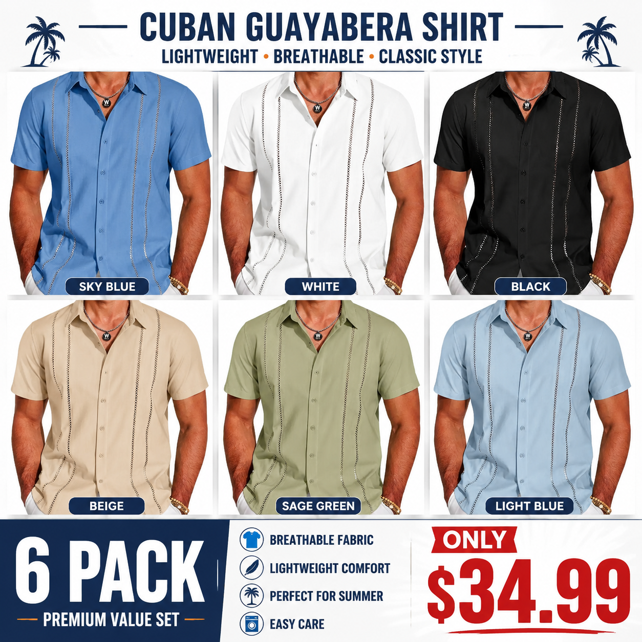 Men's Cuban Guayabera Shirt 6-Pack | Lightweight Breathable Summer Button-Up Shirts