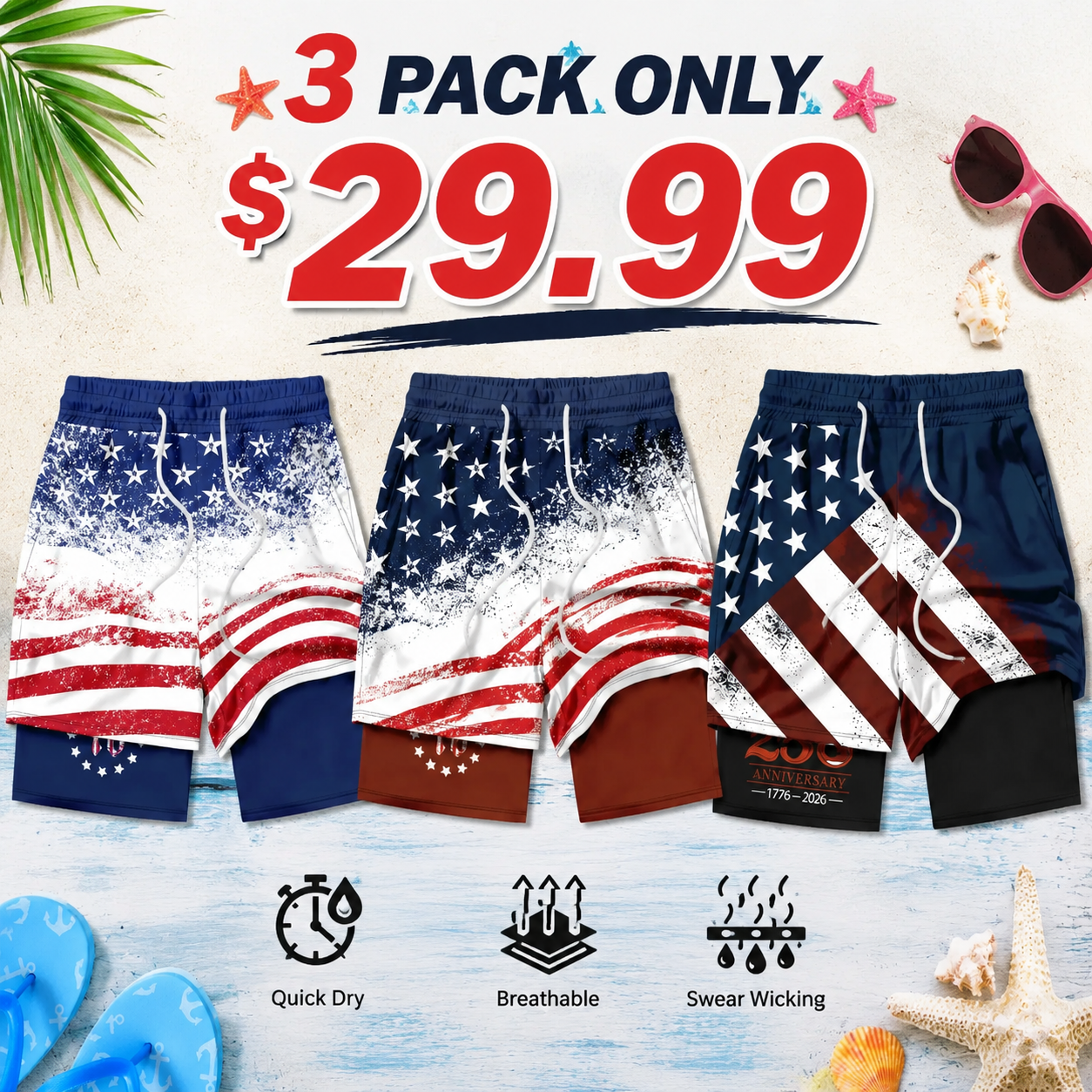 🇺🇸 Men's American Flag 2-in-1 Compression Swim Trunks | Quick Dry Beach Shorts with Liner
