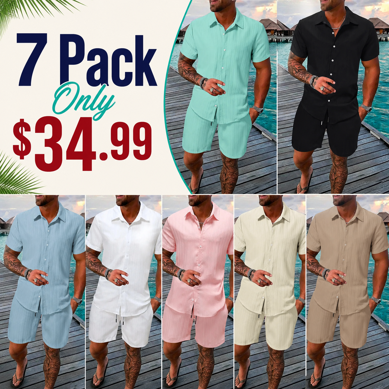Men's 2 Piece Summer Outfit Set – Textured Button Down Shirt & Drawstring Shorts | Lightweight Vacation Beach Matching Set