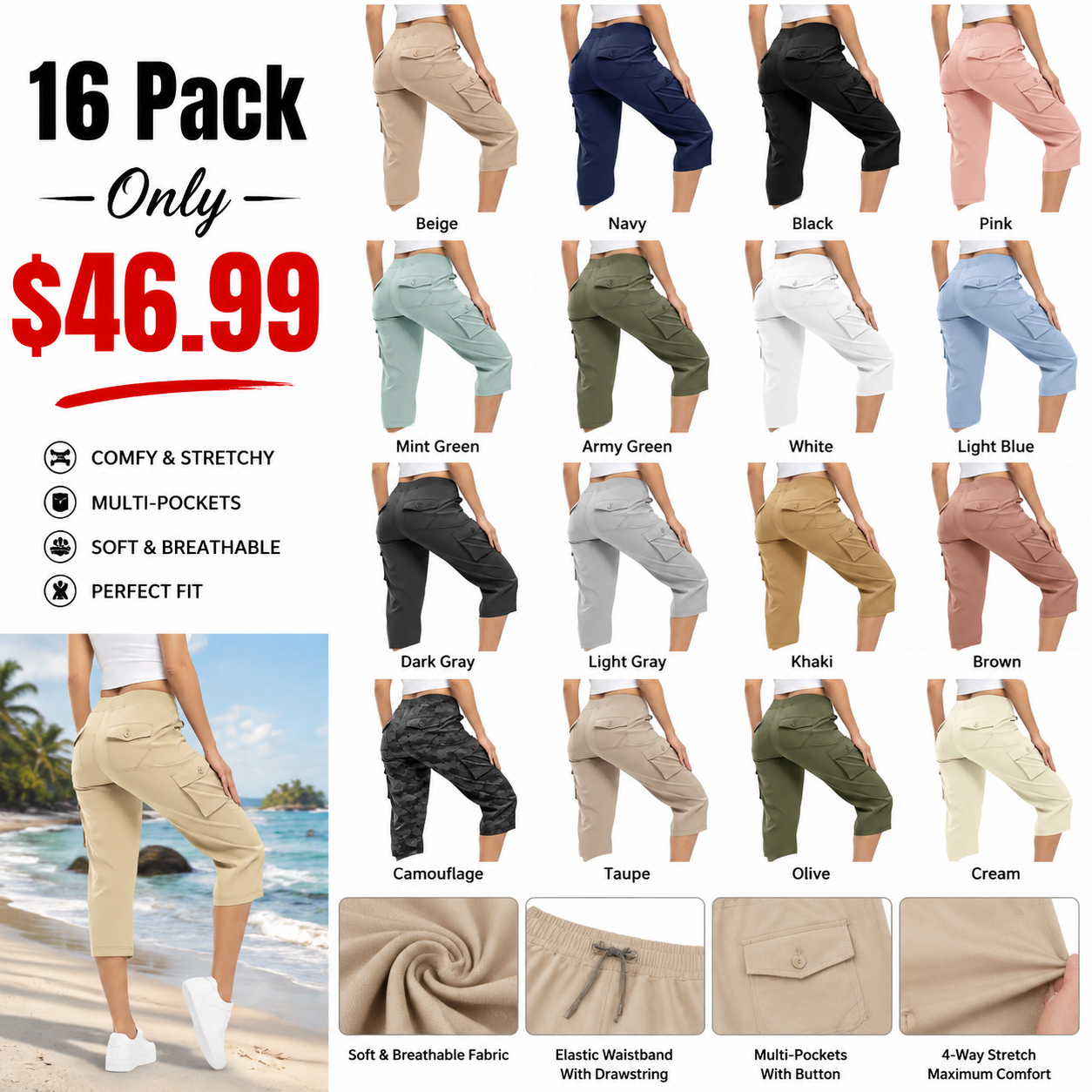 Lightweight Cargo Capri Hiking Pants For Women