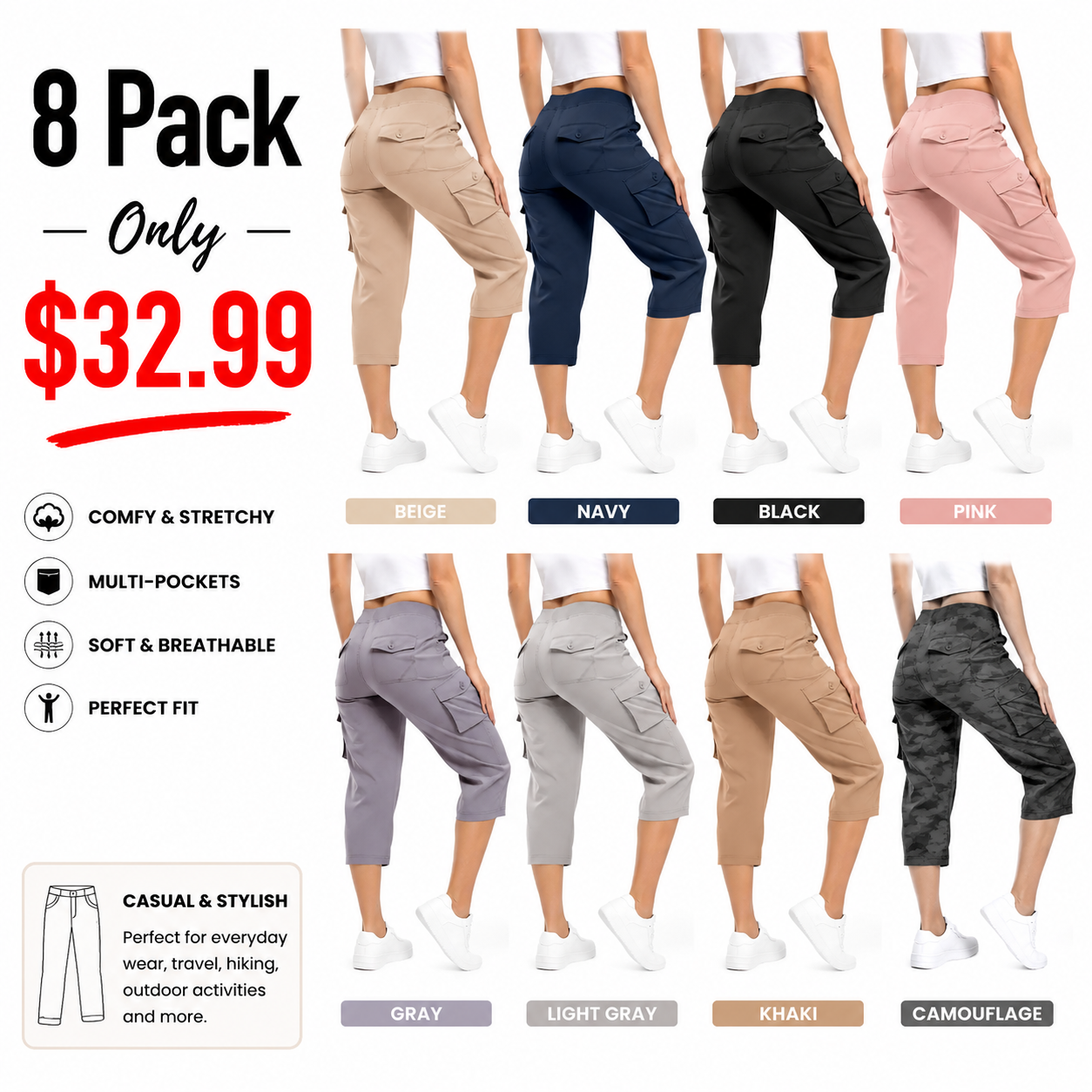 Lightweight Cargo Capri Hiking Pants For Women