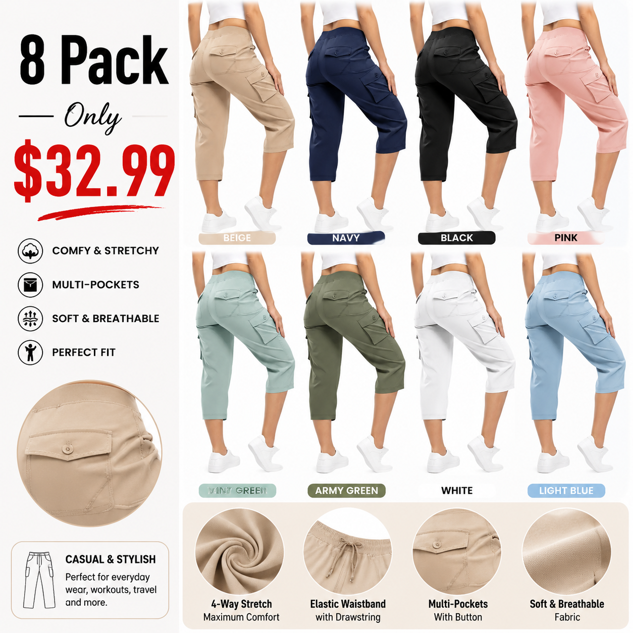 Lightweight Cargo Capri Hiking Pants For Women