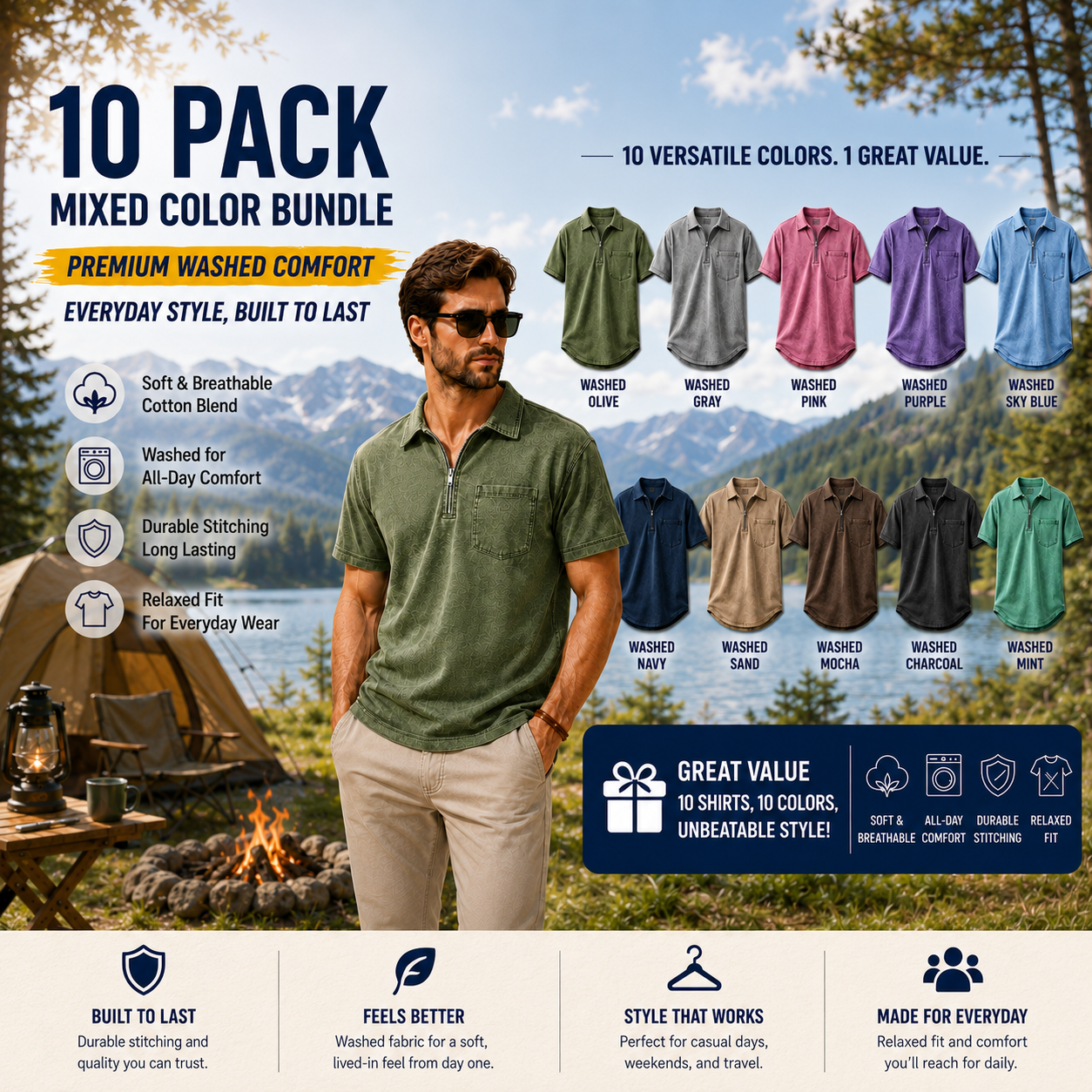 Men's Washed Zip Polo Shirt – Casual Relaxed Fit Pocket Tee