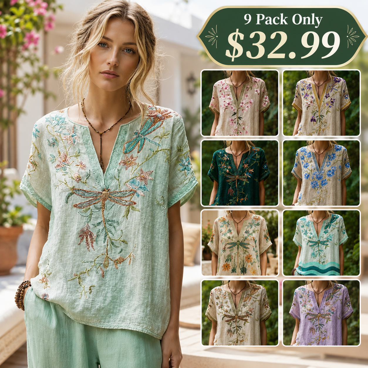 9 Pack Only$32.99-Comfortable and trendy women's clothing, Bohemian style V-neck short-sleeved T-shirt
