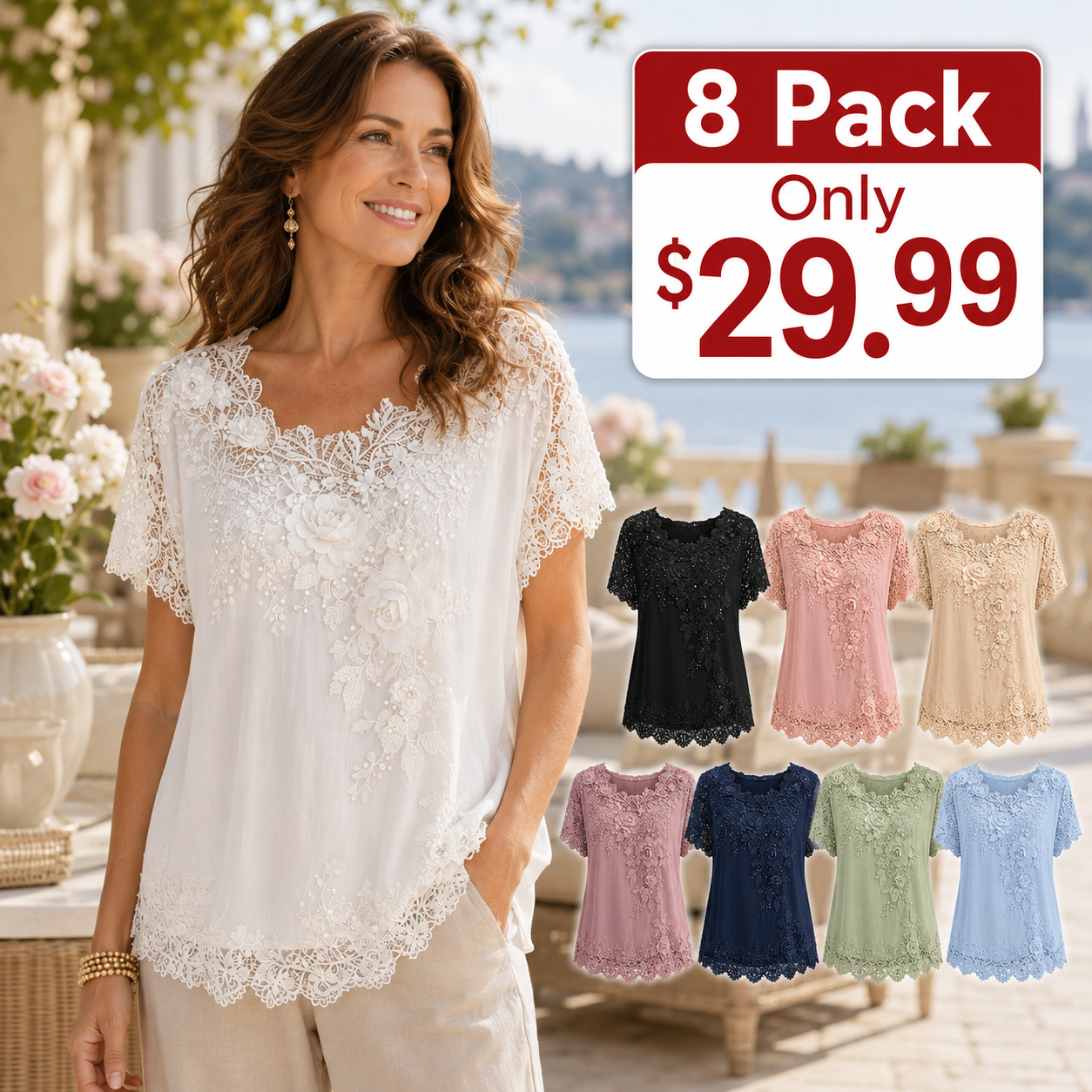 8 Pack Only$29.99-Women's Lace Embroidered Short Sleeve Top