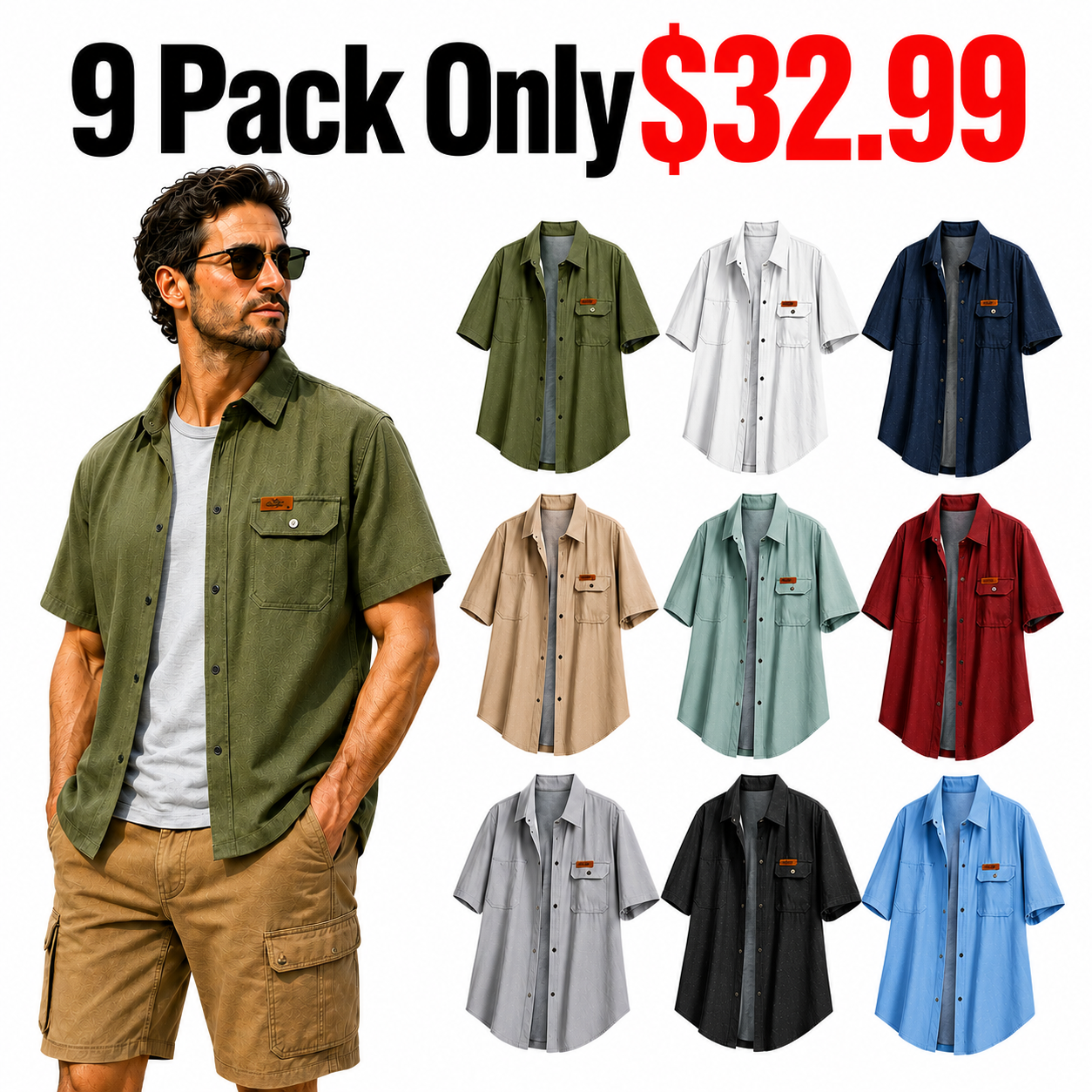 Seasonal Clearance Sale 9 Pack Only$32.99- Men’s Casual Short Sleeve Shirt – Mixed Colors, Everyday Comfort