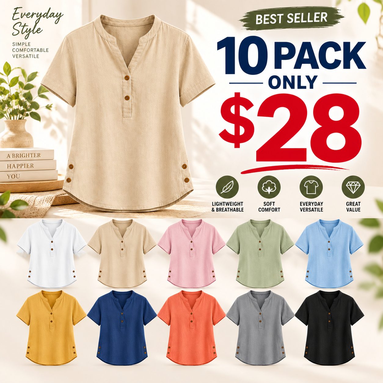 Women's Washed Cotton Linen Band Collar Blouse
