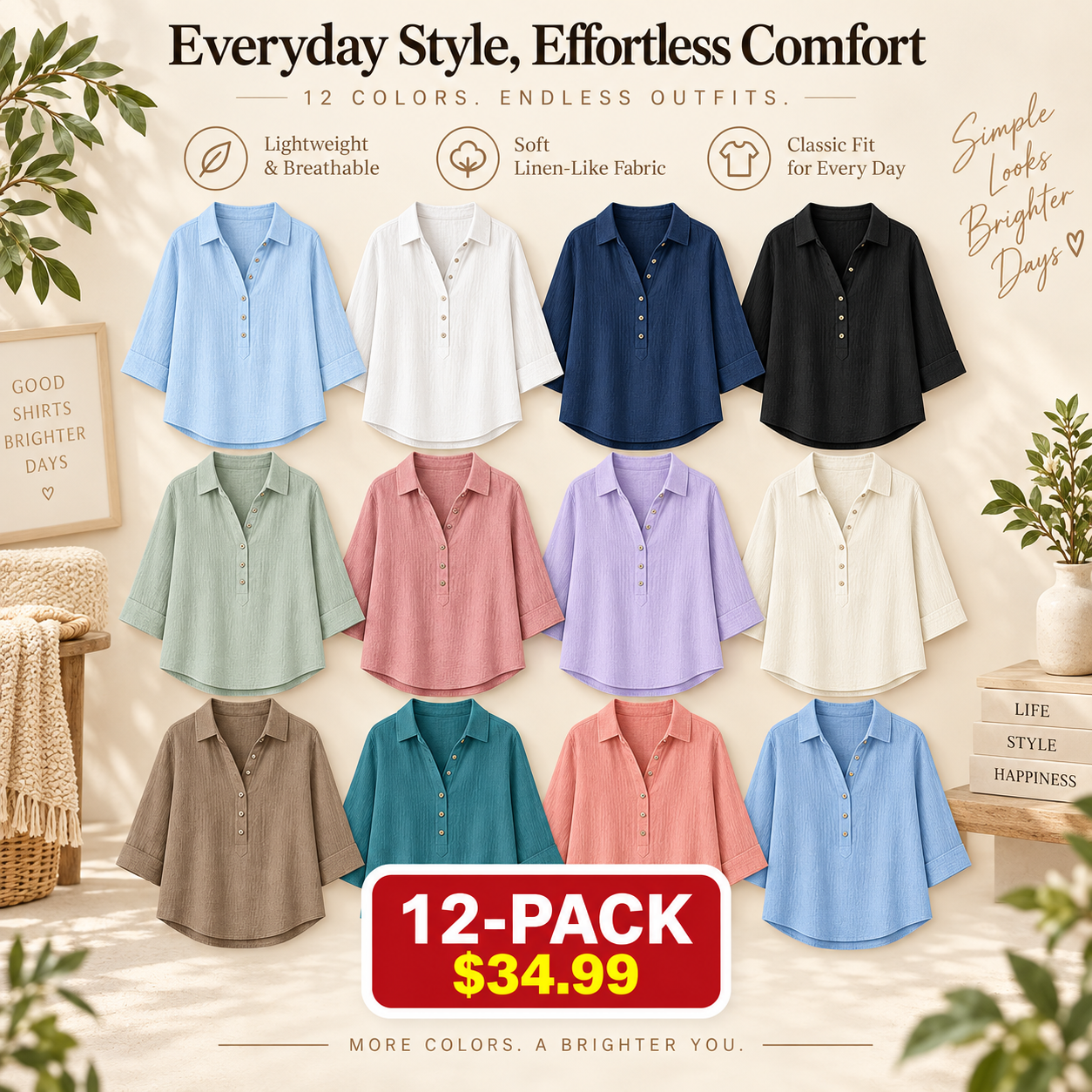 ⚡Women's Linen-Gauze Button Placket Collared Blouses