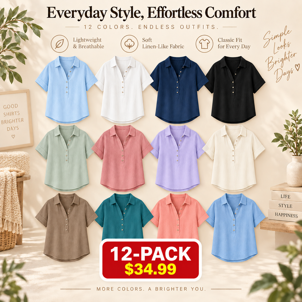 ⚡Women's Linen-Gauze Button Placket Collared Blouses