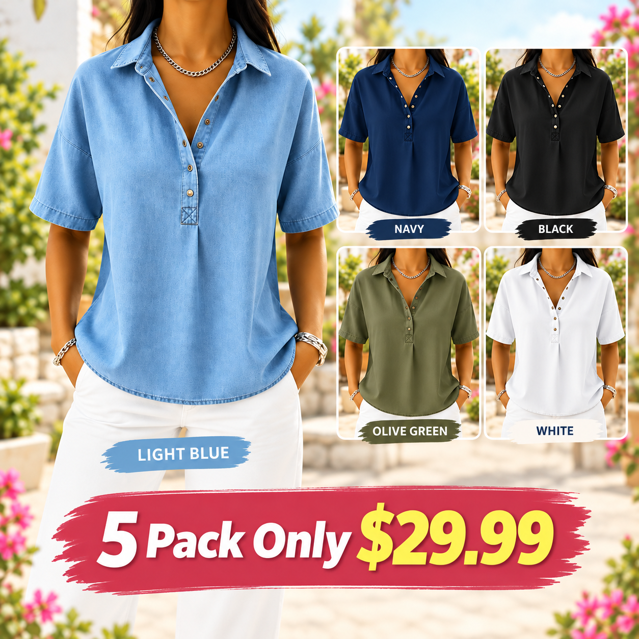 🔥Women's Relaxed Denim-Style Button Detail Top