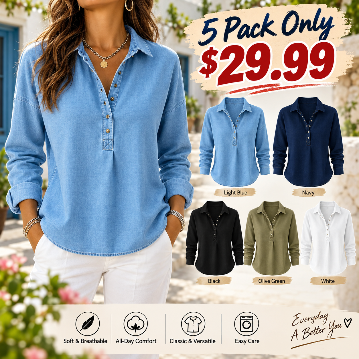 🔥Women's Relaxed Denim-Style Button Detail Top