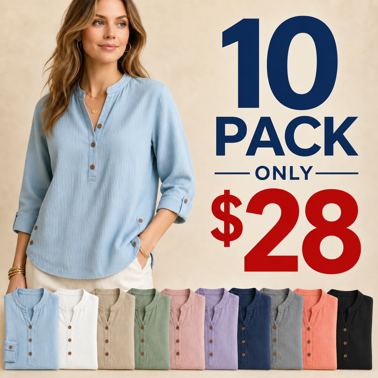 ⏰Store Closing Clearance⚡10 Pack for $28⚡Women's Washed Cotton Linen Band Collar Blouse