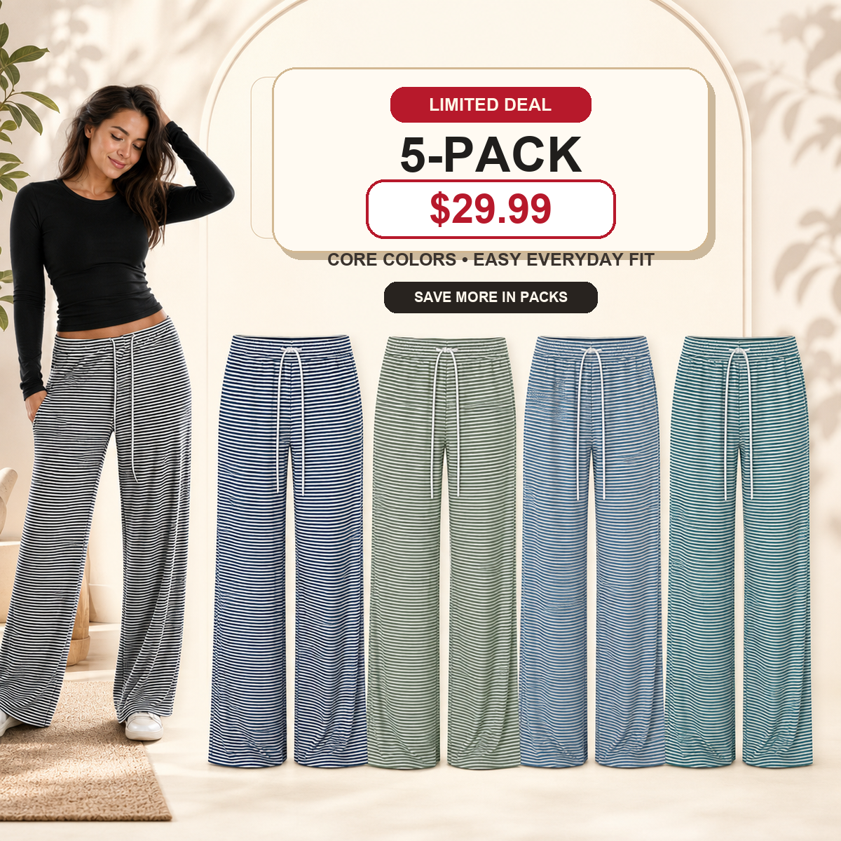 Women's Striped Wide-Leg Drawstring Lounge Pants