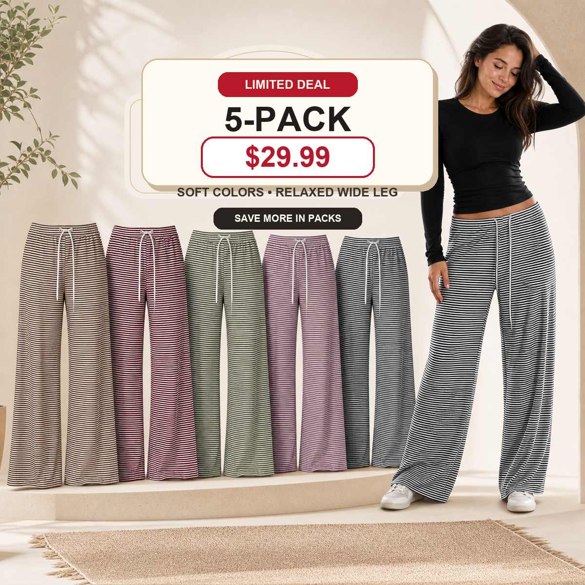 Women's Striped Wide-Leg Drawstring Lounge Pants