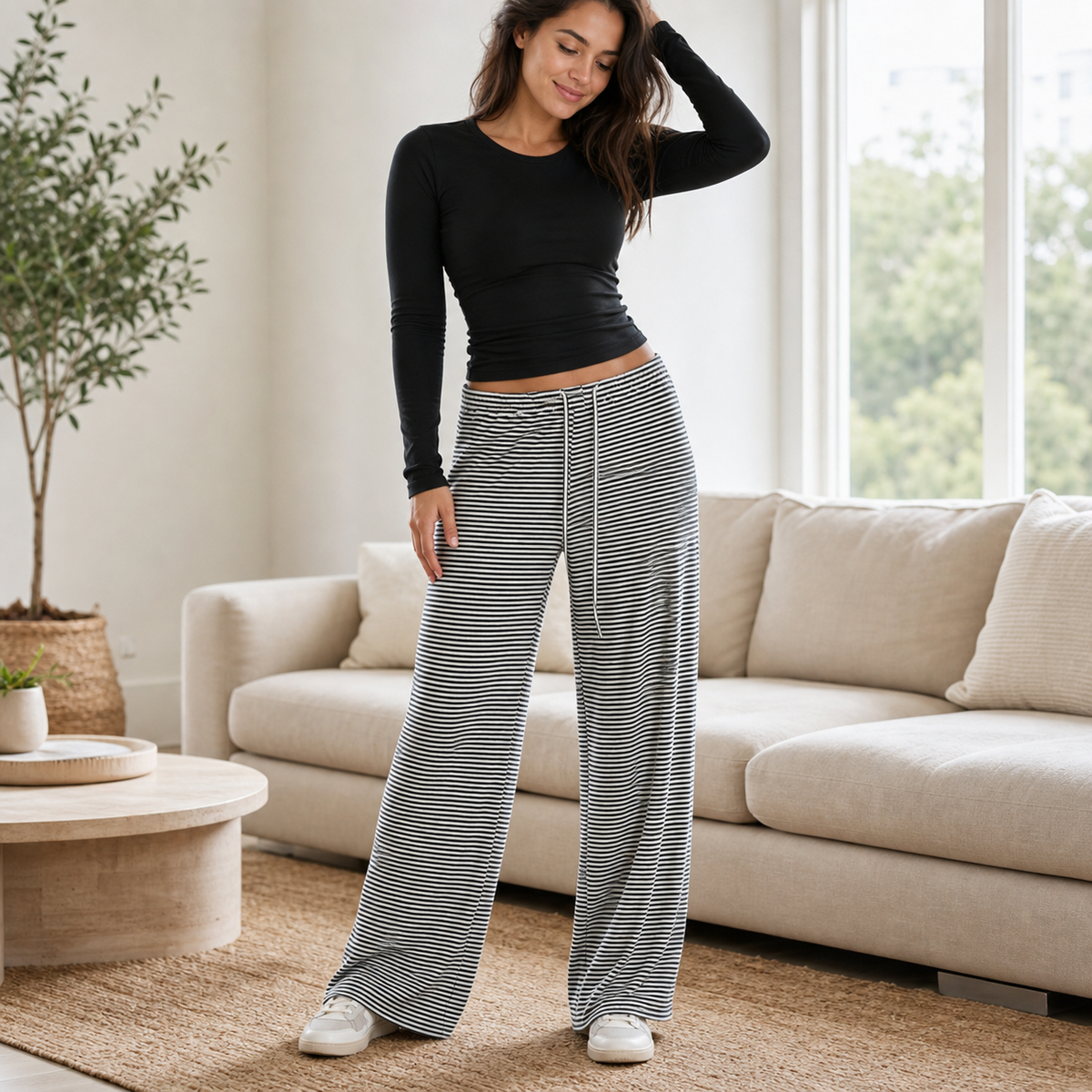 Women's Striped Wide-Leg Drawstring Lounge Pants
