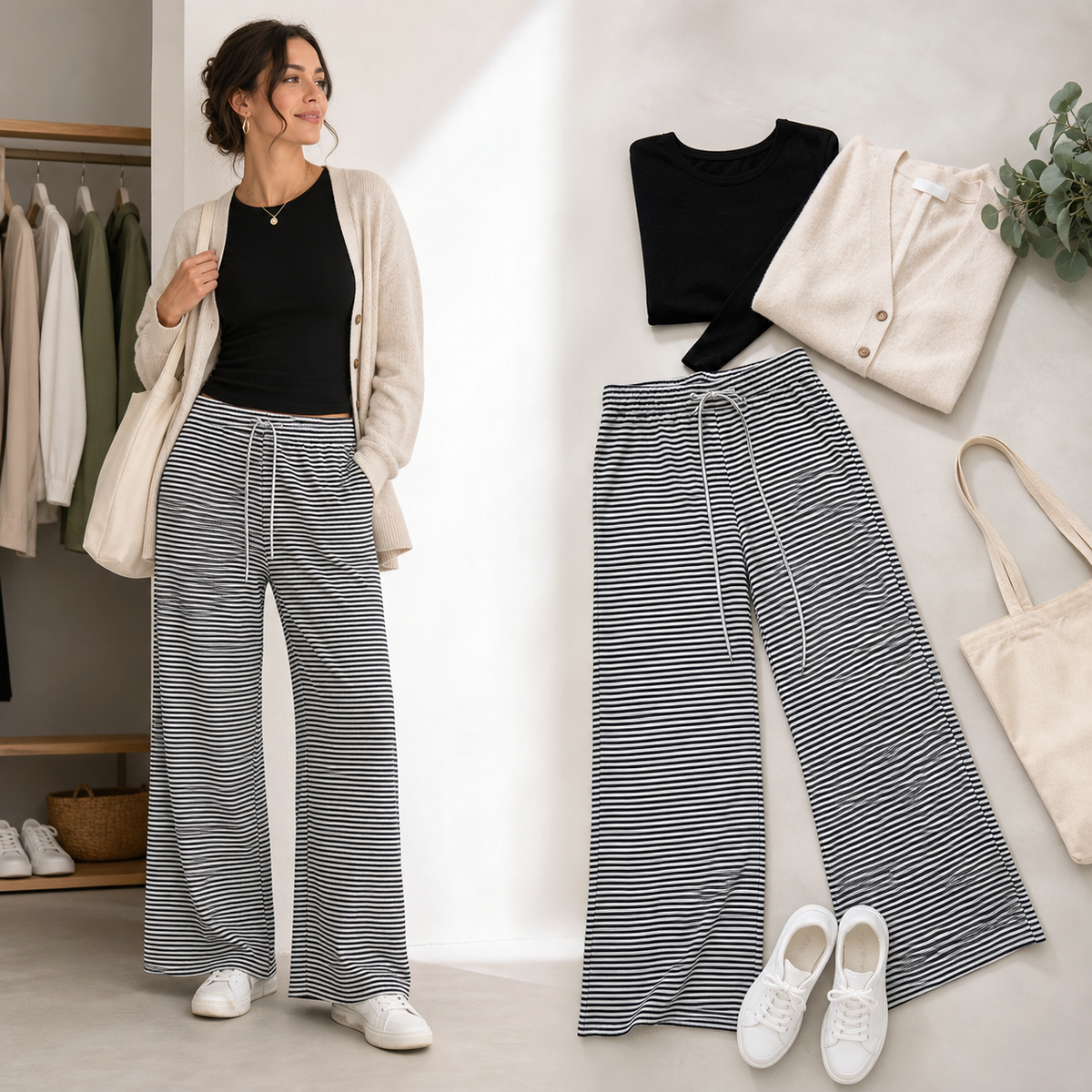 Women's Striped Wide-Leg Drawstring Lounge Pants