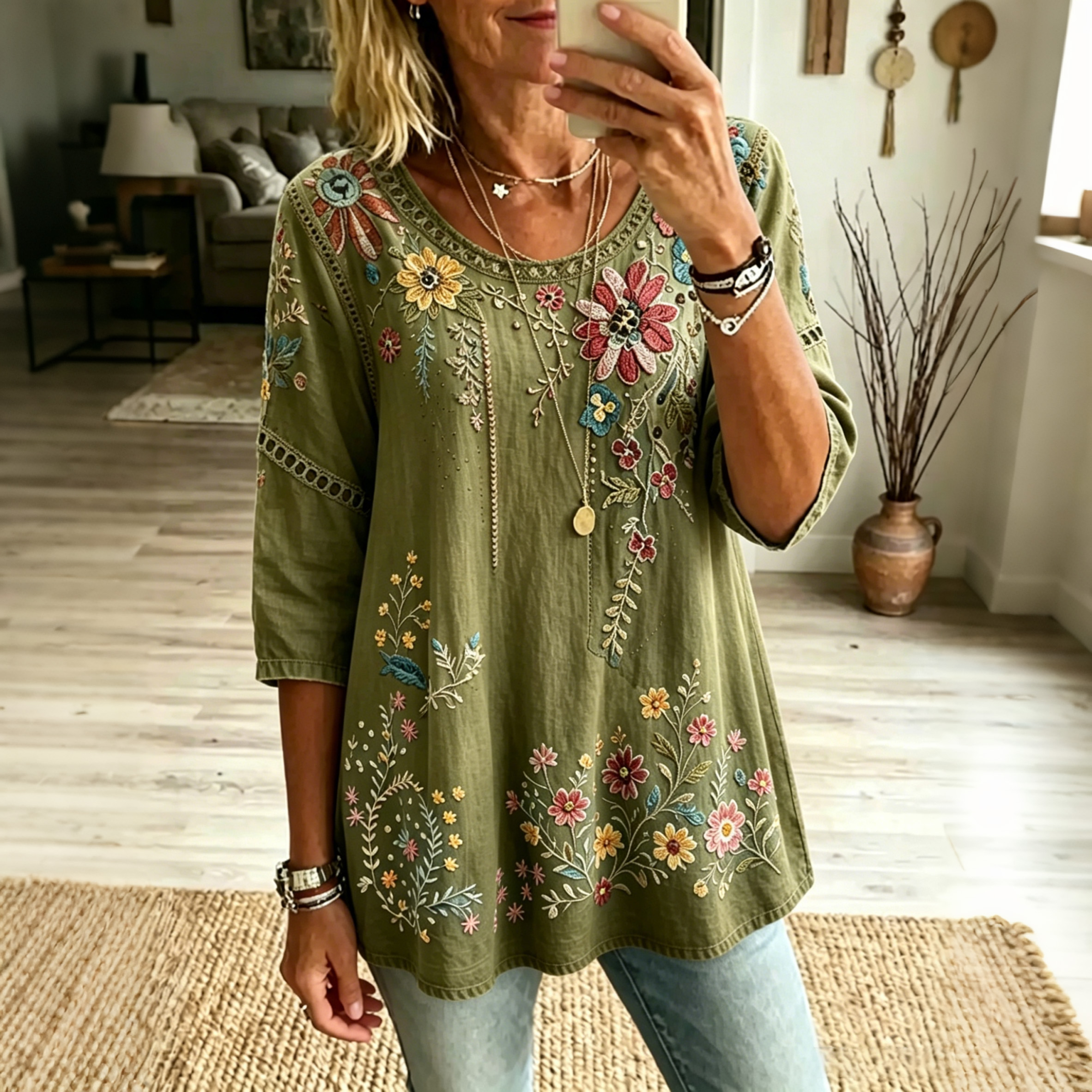 Women's Retro Floral Vacation Cotton Linen Top