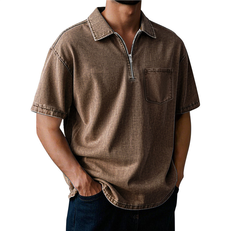 Men's Washed Zip Polo Shirt – Casual Relaxed Fit Pocket Tee