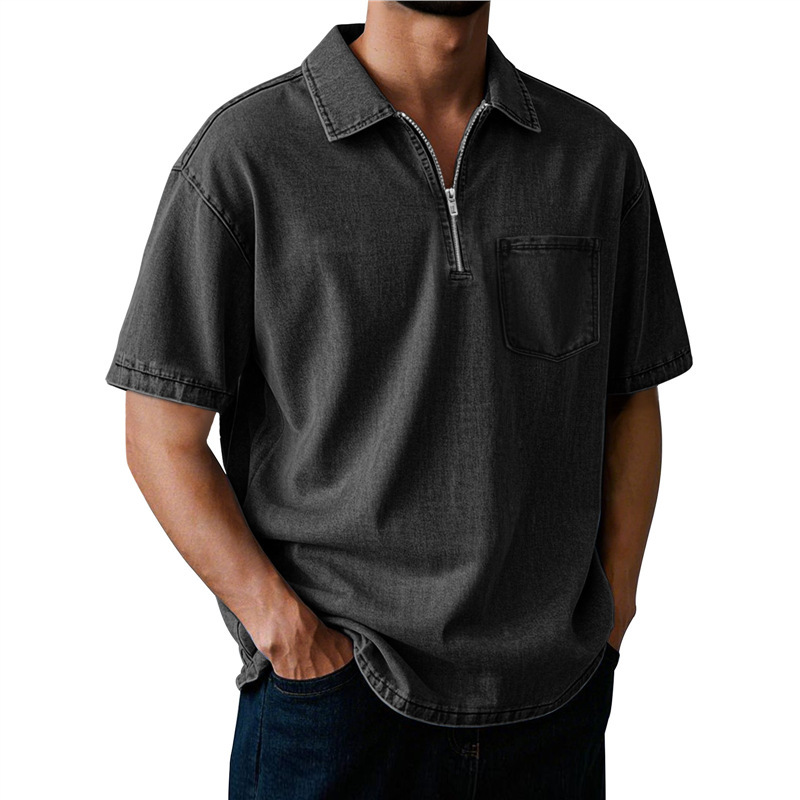 Men's Washed Zip Polo Shirt – Casual Relaxed Fit Pocket Tee