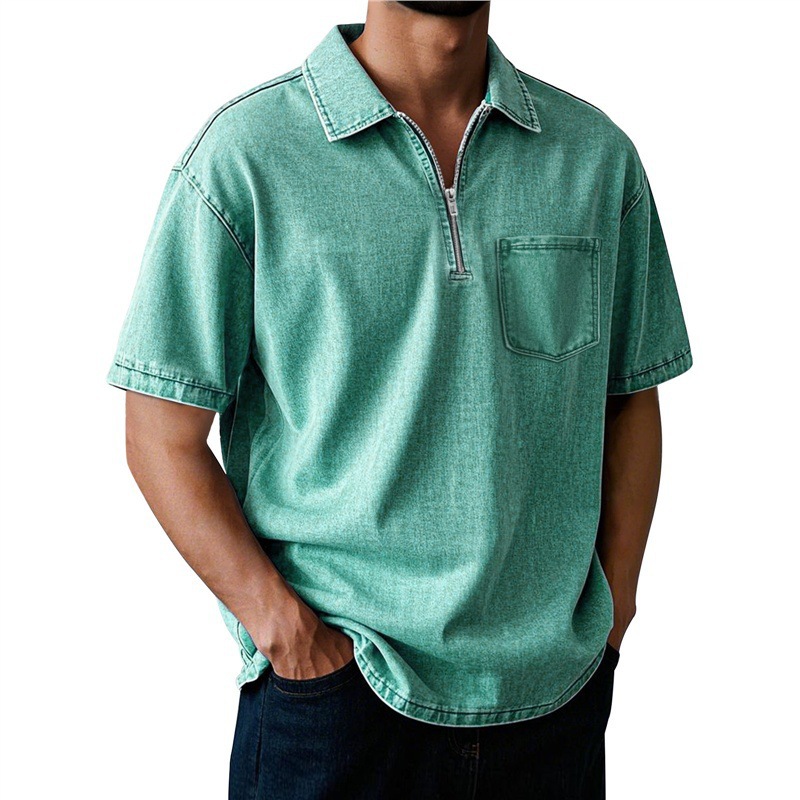 Men's Washed Zip Polo Shirt – Casual Relaxed Fit Pocket Tee
