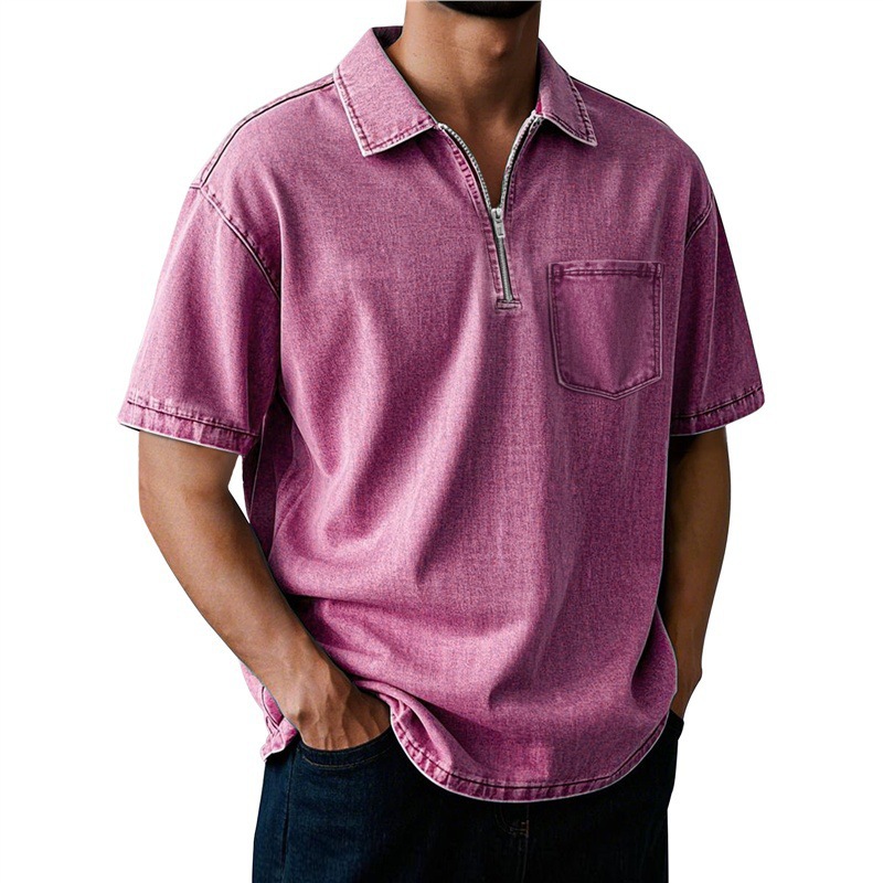 Men's Washed Zip Polo Shirt – Casual Relaxed Fit Pocket Tee
