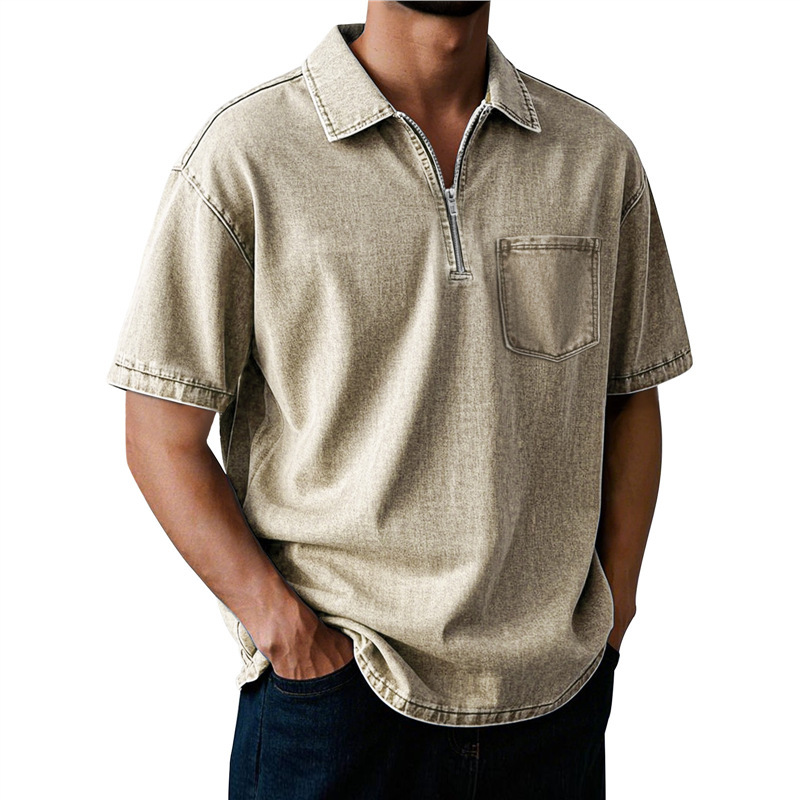 Men's Washed Zip Polo Shirt – Casual Relaxed Fit Pocket Tee