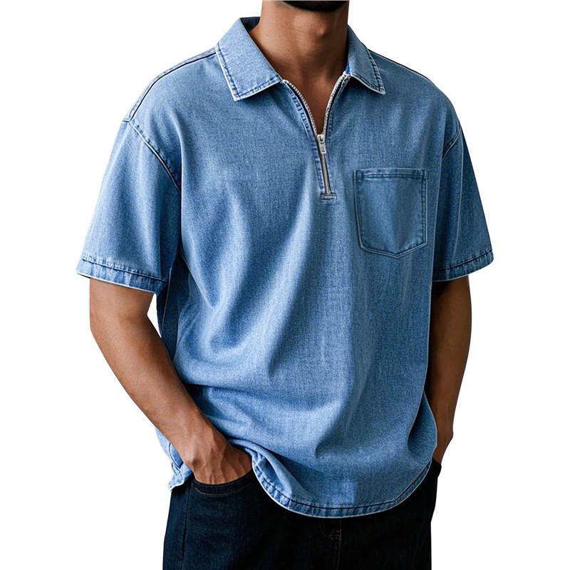 Men's Washed Zip Polo Shirt – Casual Relaxed Fit Pocket Tee