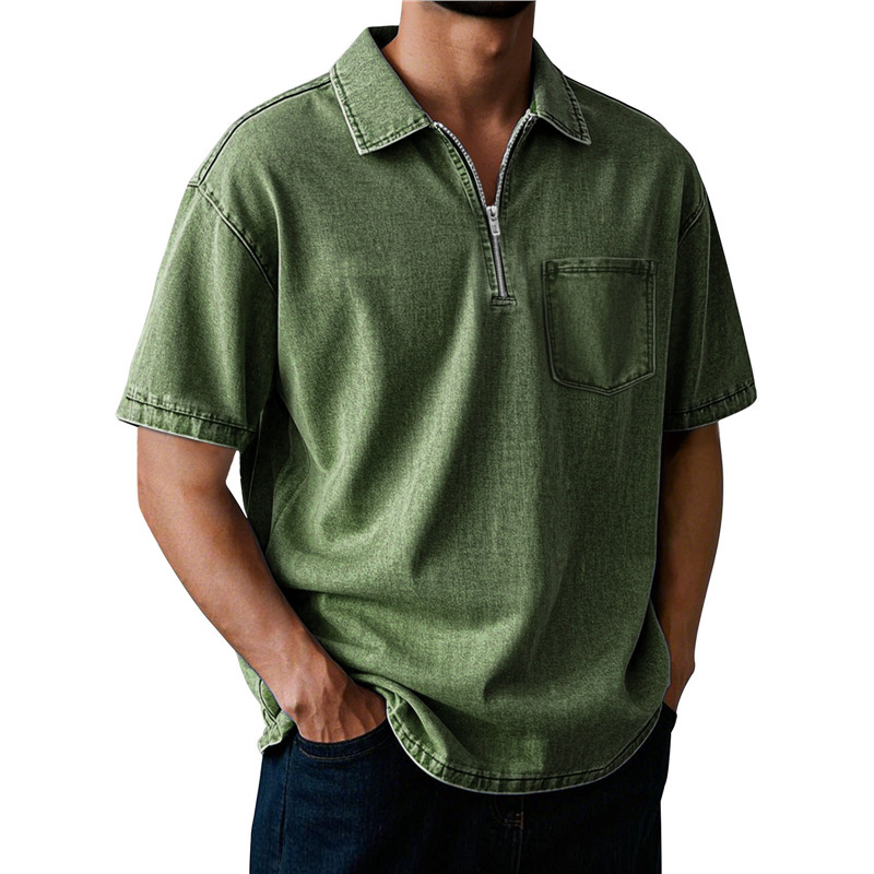 Men's Washed Zip Polo Shirt – Casual Relaxed Fit Pocket Tee