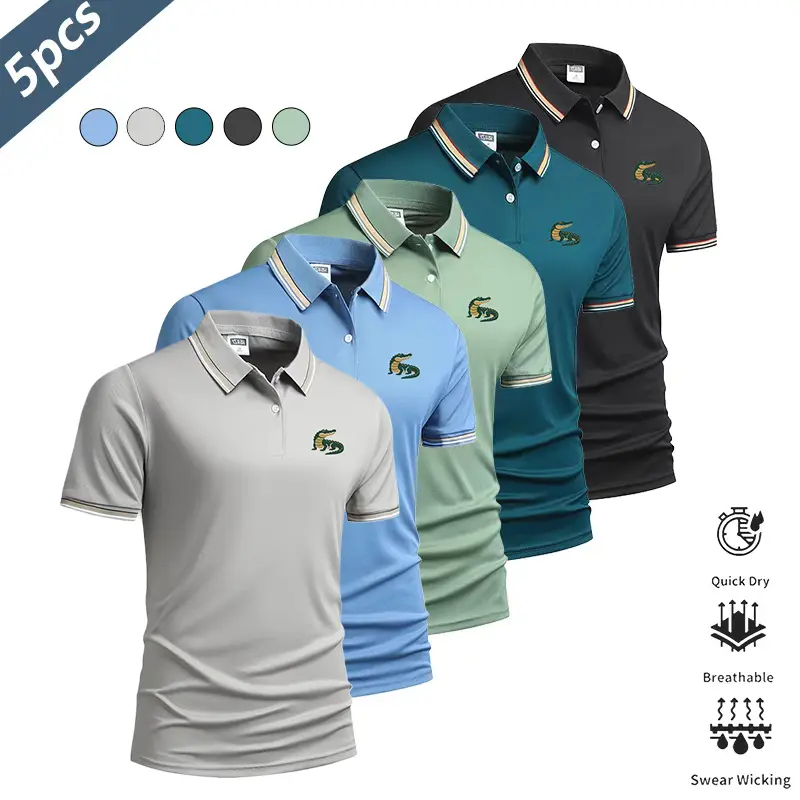 Men’s 5-pack alligator print polo shirts—lightweight, quick-drying, breathable summer short-sleeve collared T-shirts for business casual wear. Suitable for commuting, everyday wear, and light business outfits; pairs well with dress pants and casual trouse