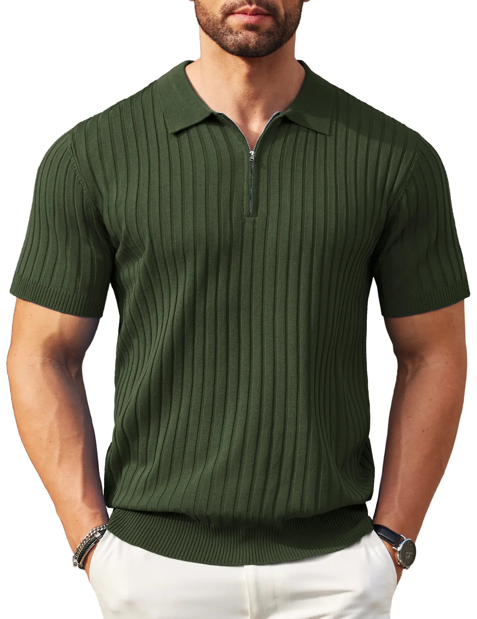 Men's Ribbed Knit Zip Polo Shirt 6-Pack | Premium Casual Summer Tops