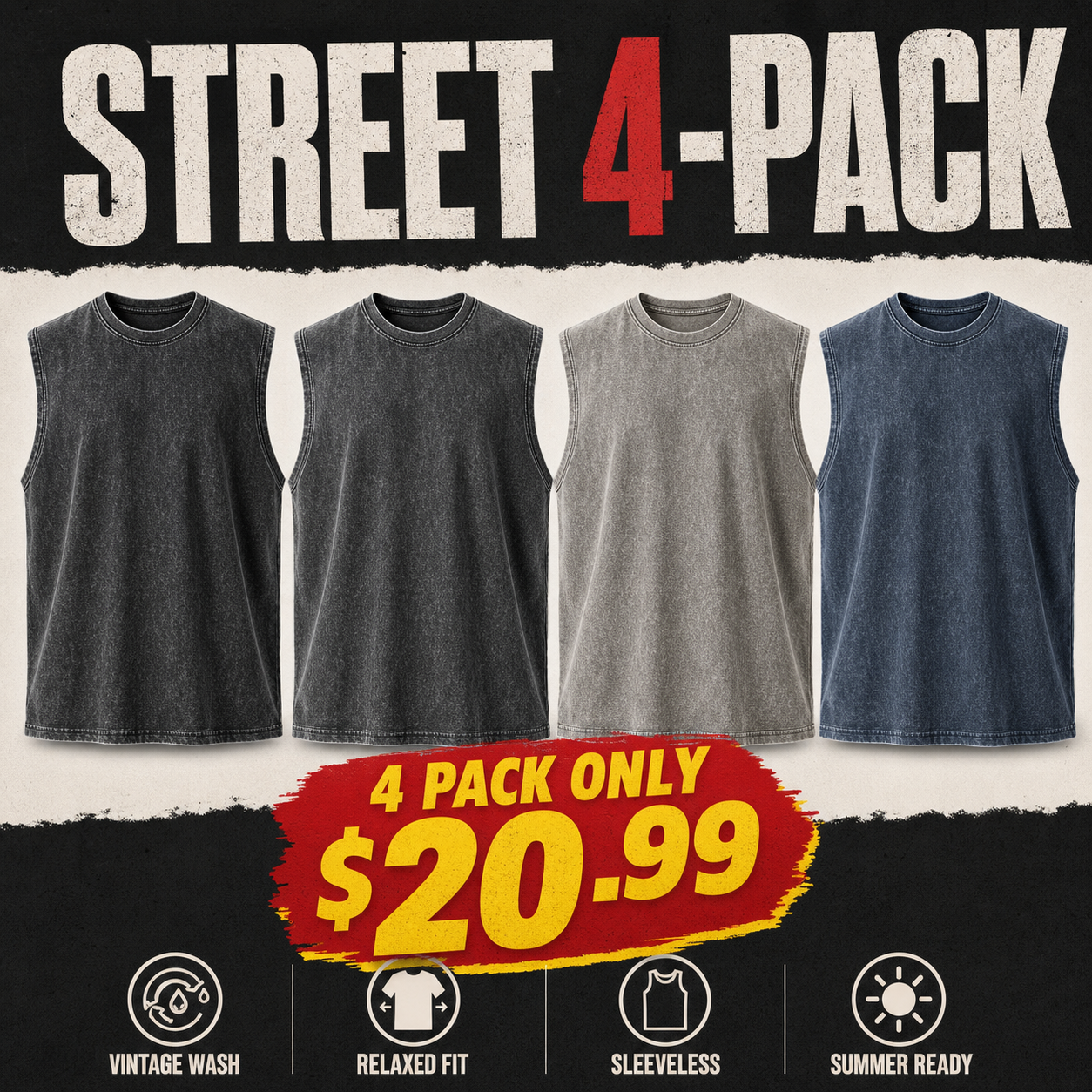 Street 4-Pack vintage acid-wash tank bundle