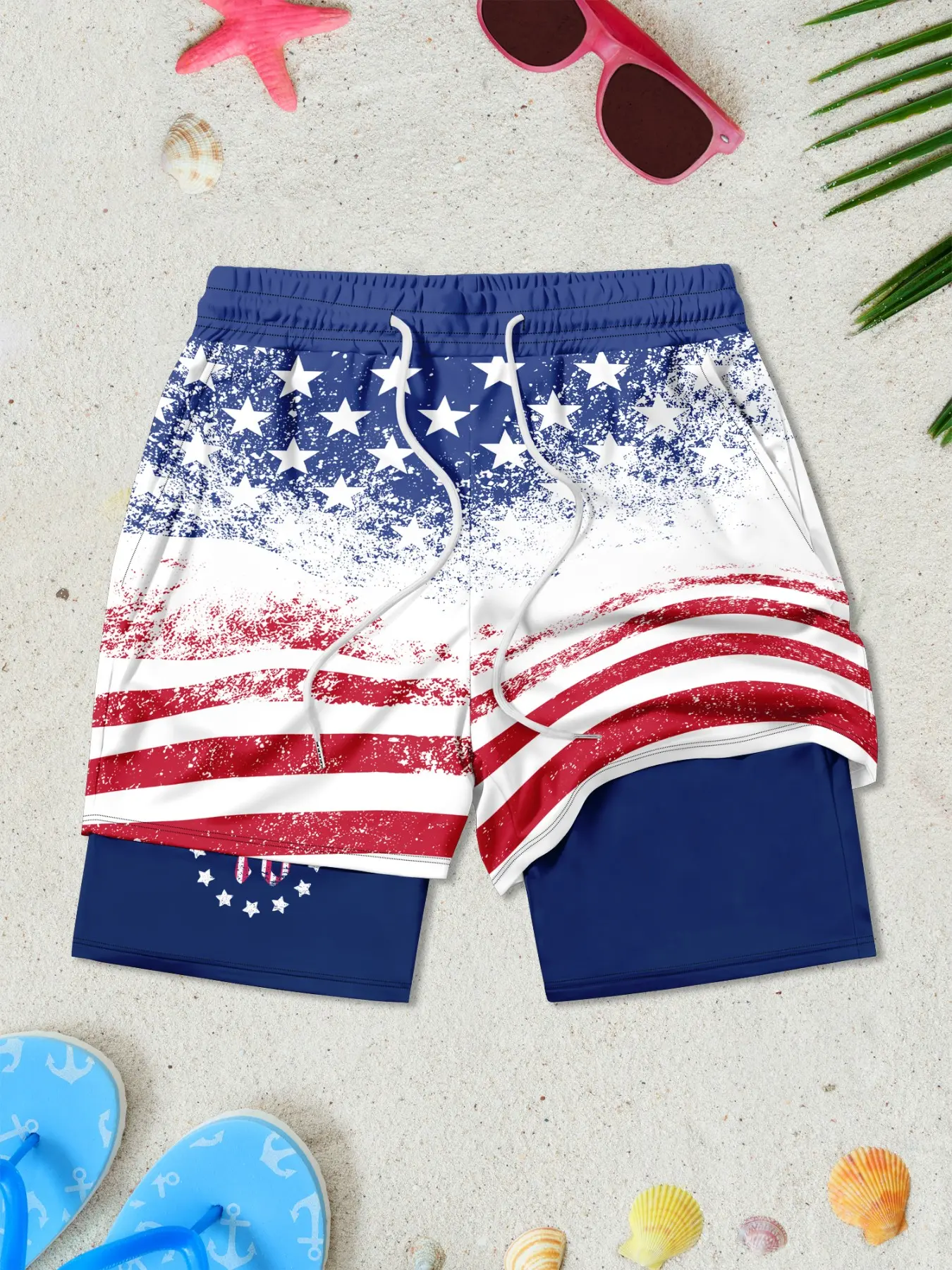 🇺🇸 Men's American Flag 2-in-1 Compression Swim Trunks | Quick Dry Beach Shorts with Liner