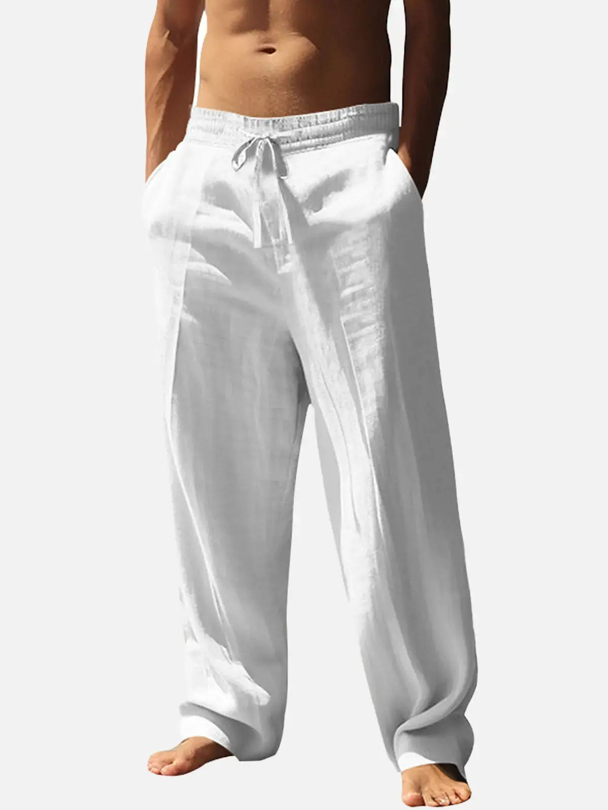 Men's Lightweight Linen Blend Drawstring Pants – Casual Loose Fit Breathable Beach Trousers with Pockets